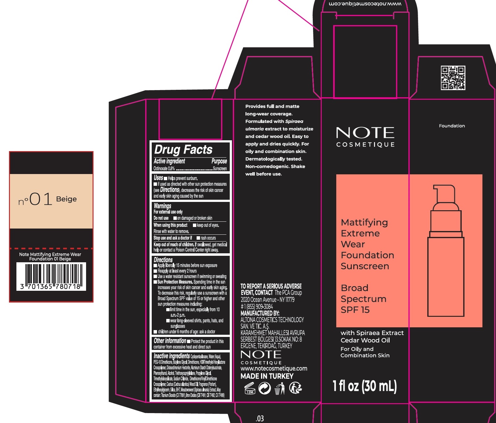 Pill image for Note Mattifying Extreme Wear Foundation Spf 15, 01 Beige