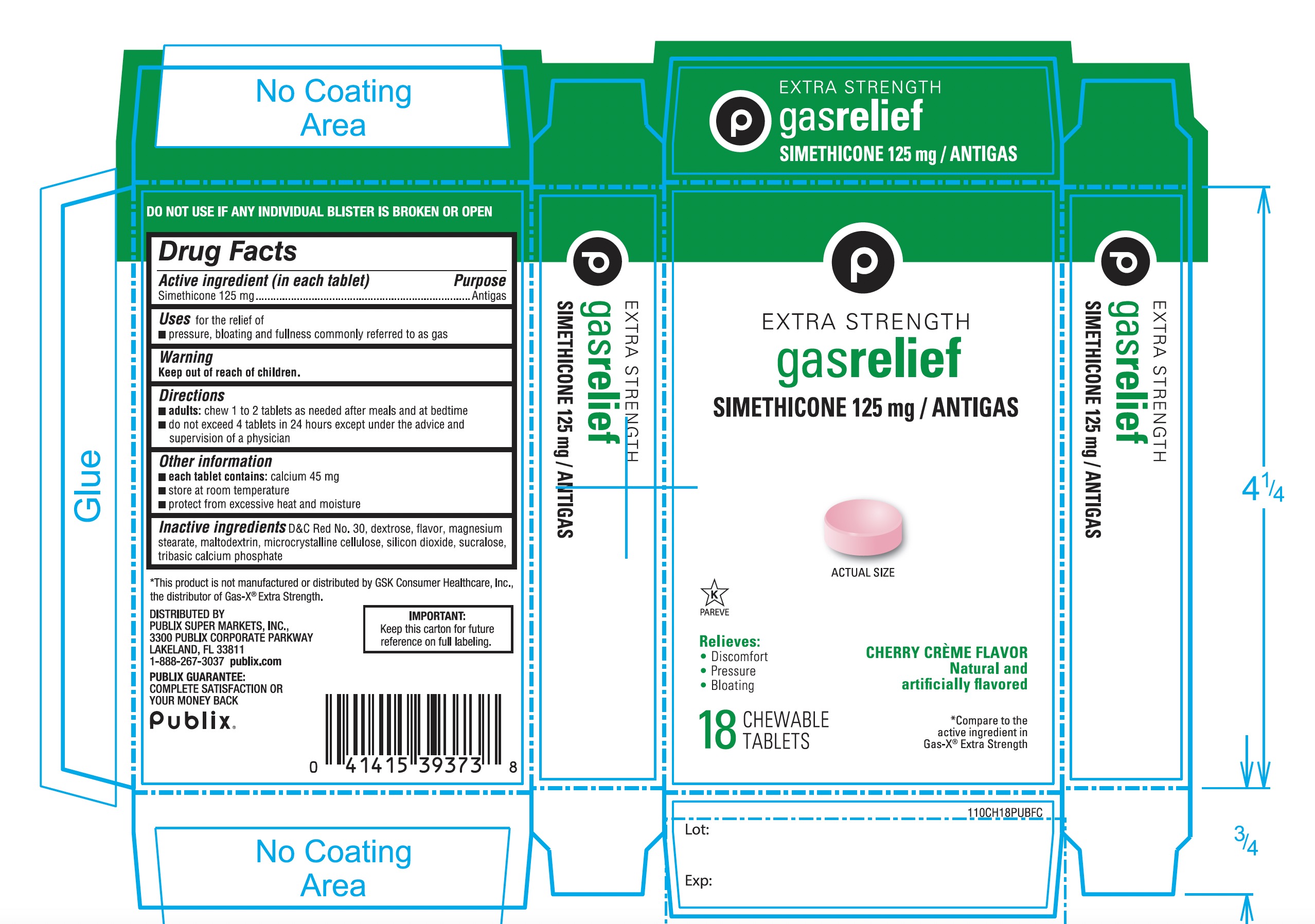 Pill image for Publix Extra Strength Gas Relief Simethicone 125mg Cherry Crème Flavor 18 Chewable Tablets