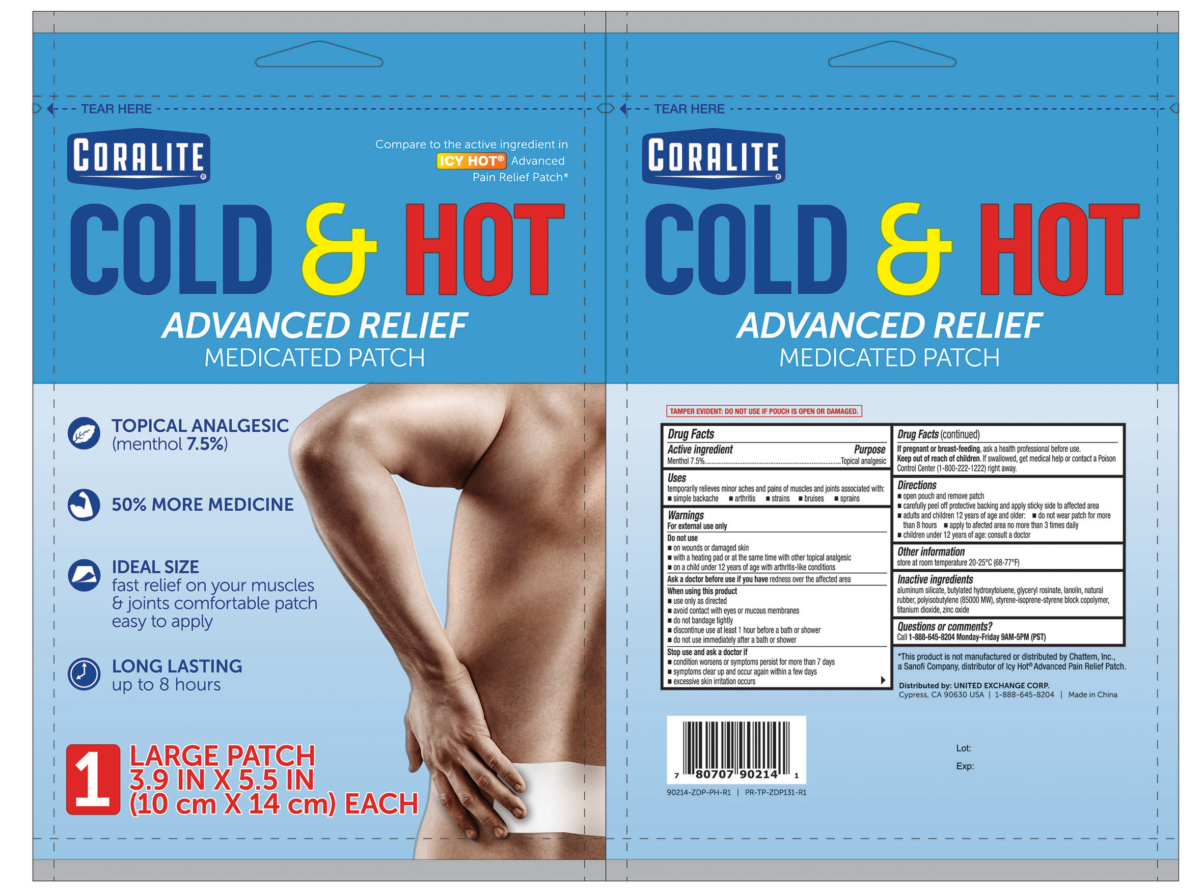 Pill image for Coralite Cold & Hot Advanced Relief Medicated Patch 7.5 Menthol 1ct 90214