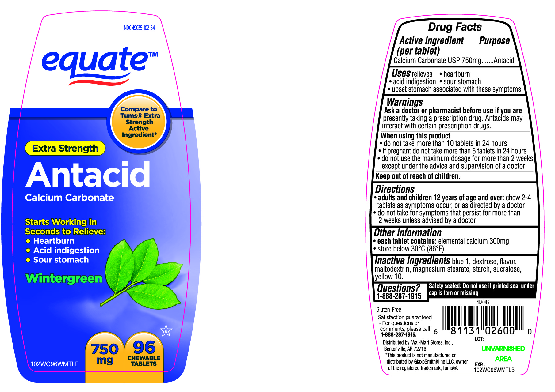 Pill image for equate extra strength antacid calcium carbonate chewable tablets wintergreen