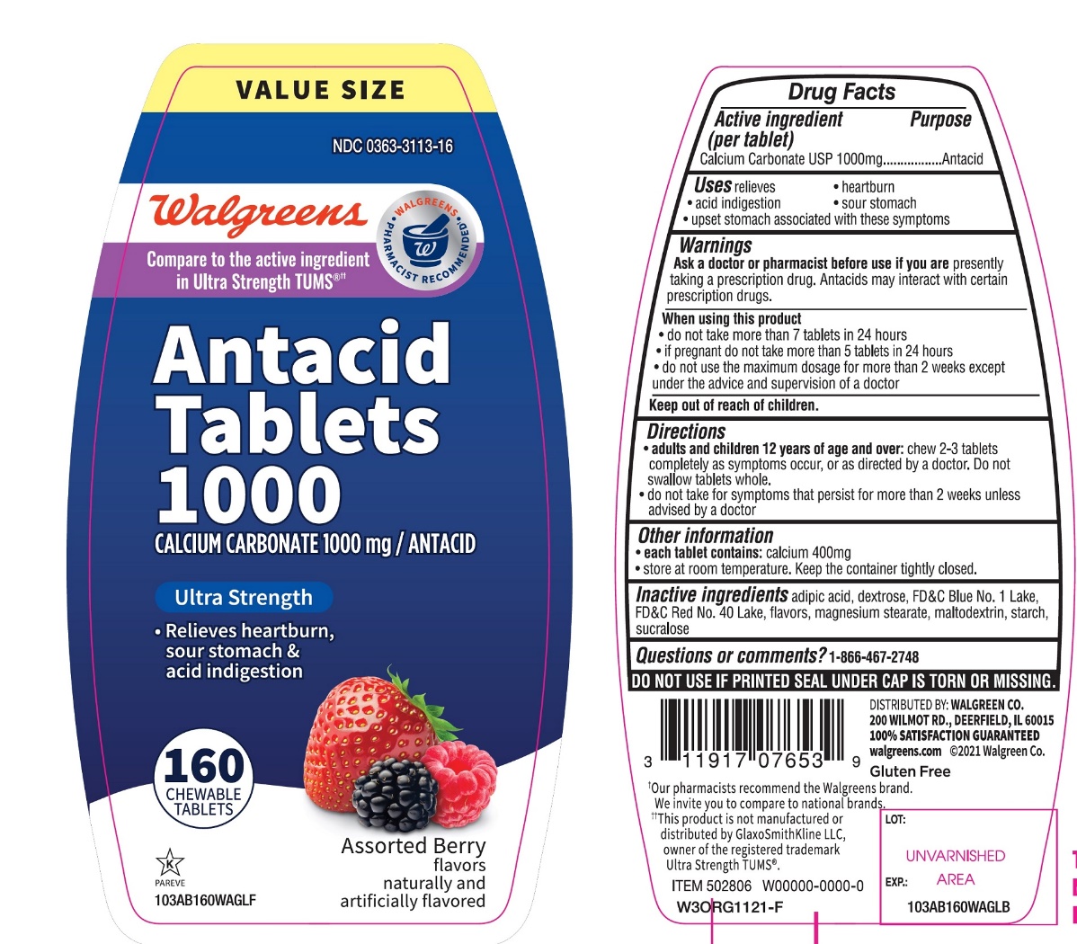 Pill image for Walgreens Ultra Strength 160 Chewable Tablets Assorted Berry Flavors