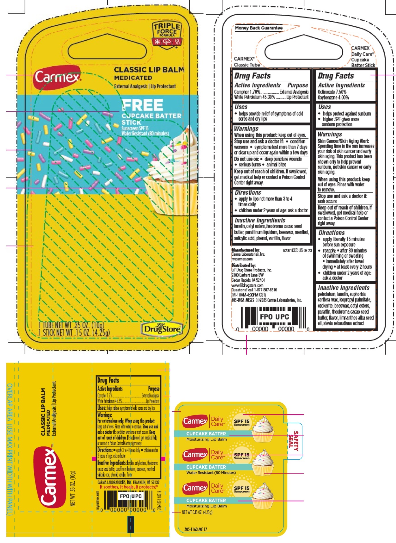 Pill image for Carmex Classic Lip Balm Medicated Free Cupcake Batter Stick Sunscreen Spf 15