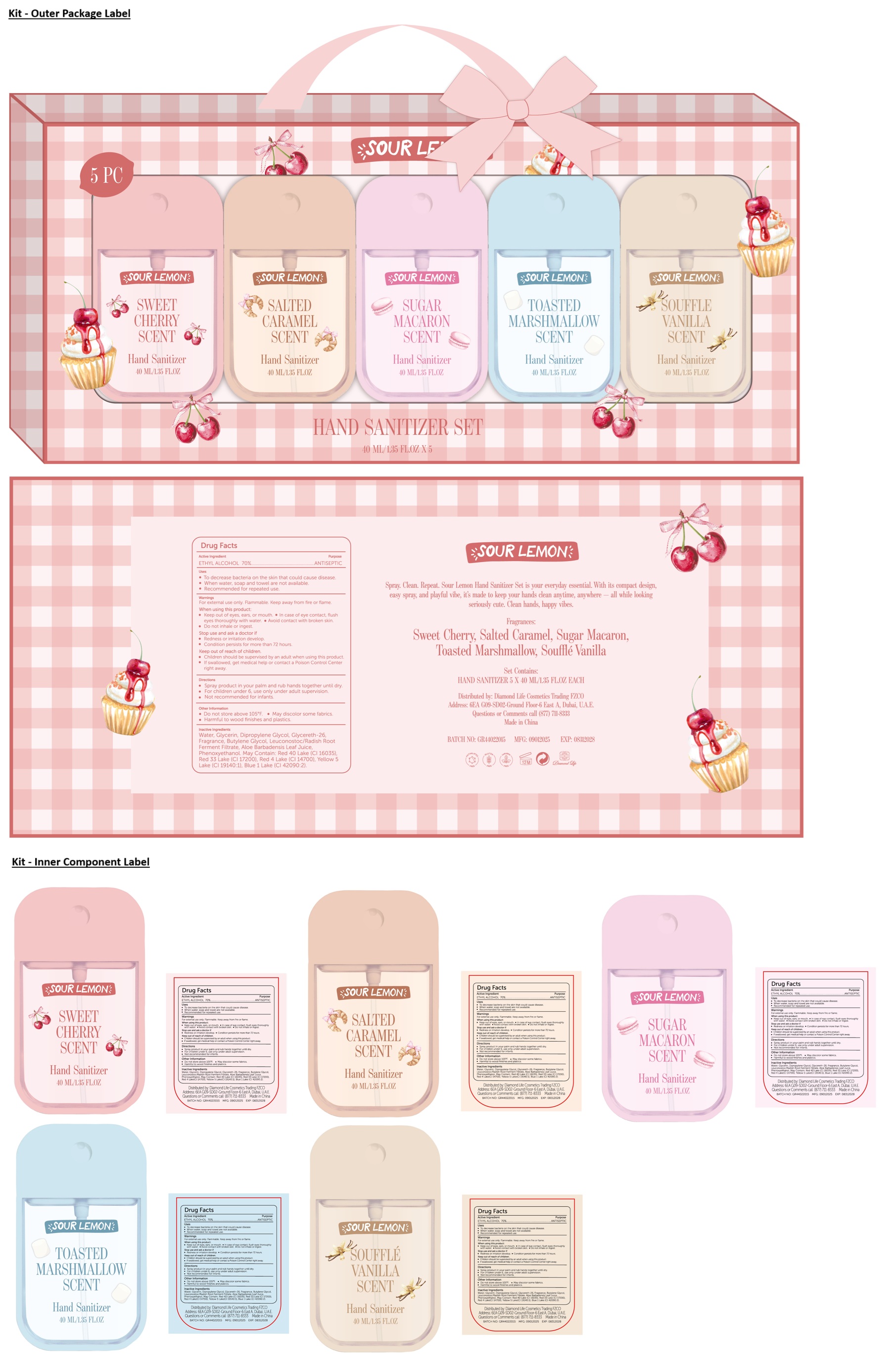 Pill image for Sour Lemon Hand Sanitizer Set - sweet Cherry, Salted Caramel, Sugar Macaron, Toasted Marshmallow And Souffle Vanilla Scent