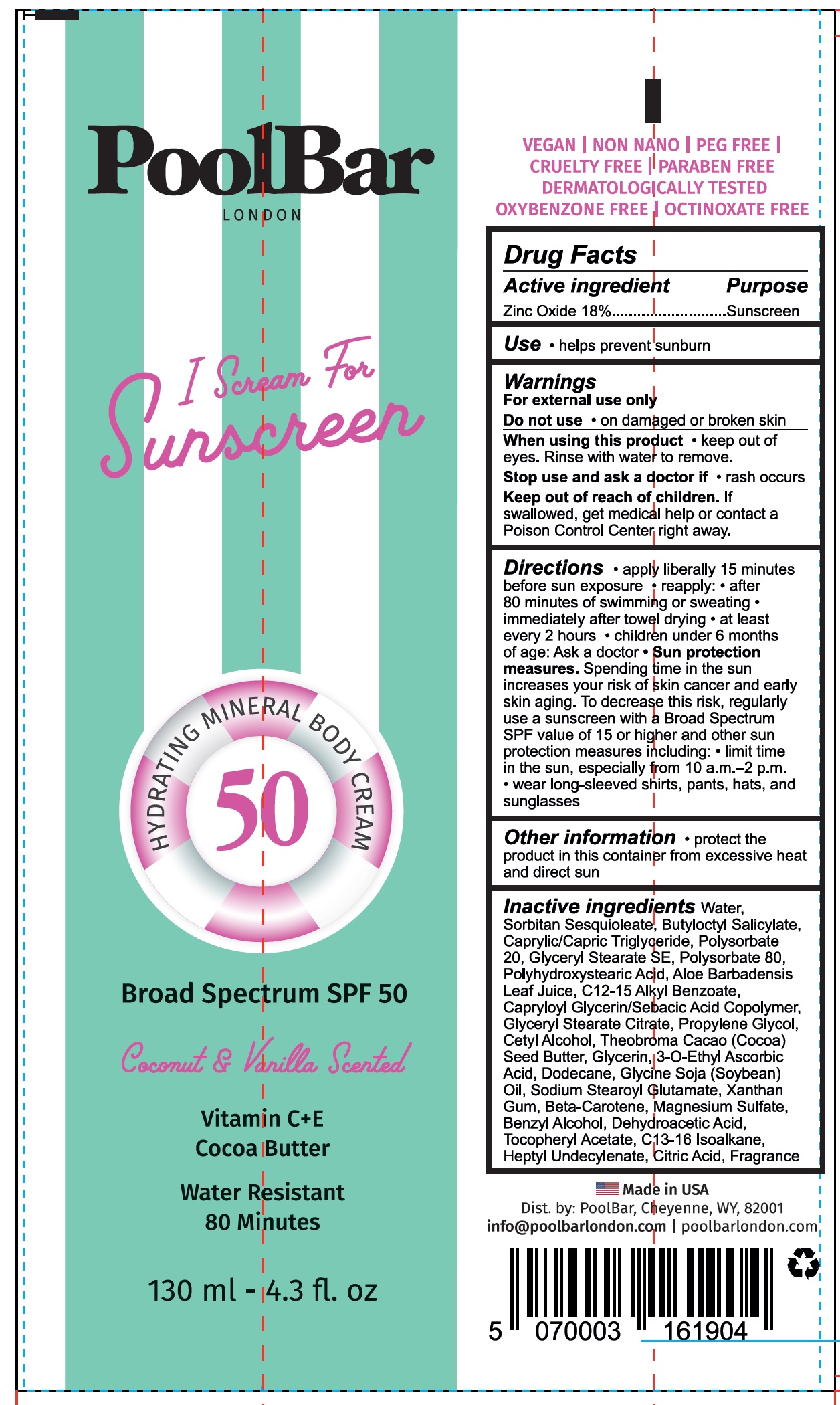 Pill image for Pool Bar London I Scream For Sunscreen Hydrating Mineral Body Cream Spf 50, Coconut & Vanilla Scented