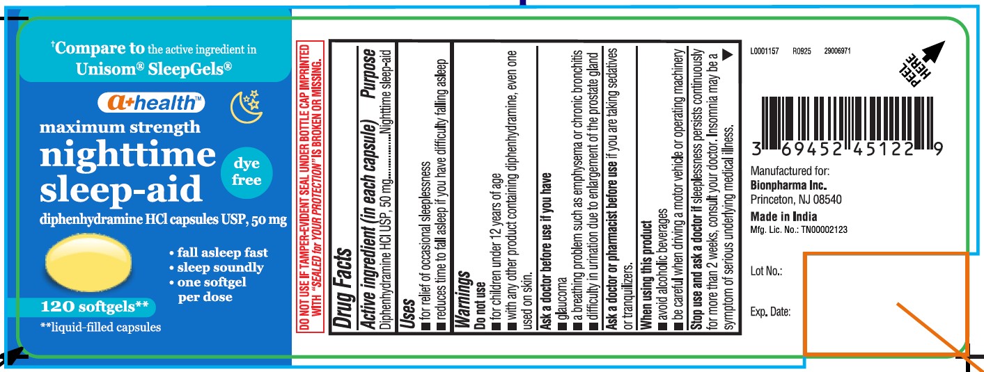 Pill image for Diphenhydramine Hcl 50mg, A+ Health, Made In India, Dye Free