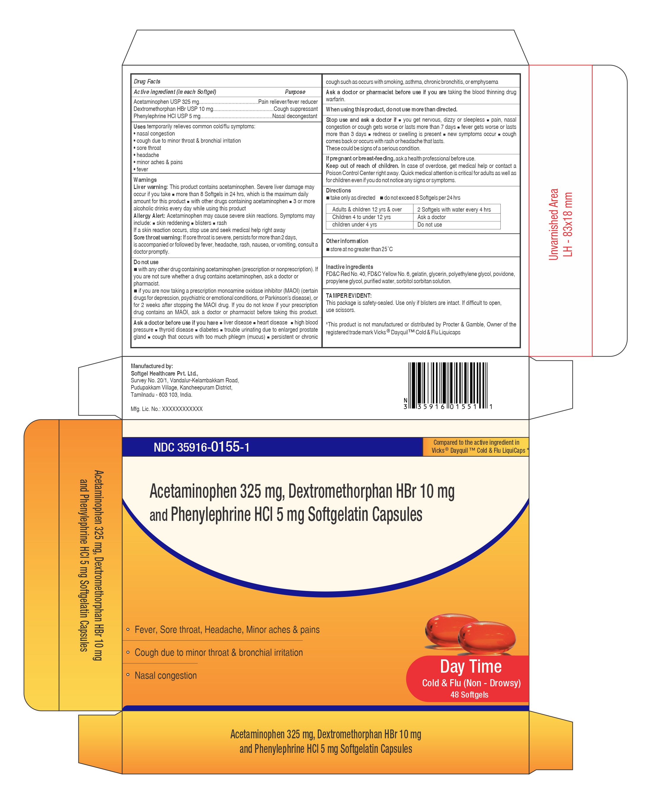 Pill image for Acetaminophen 325 Mg, Dextromethorphan Hbr 10mg And Phenylephrine Hcl 5 Mg Softgelatin Capsules (day Time)