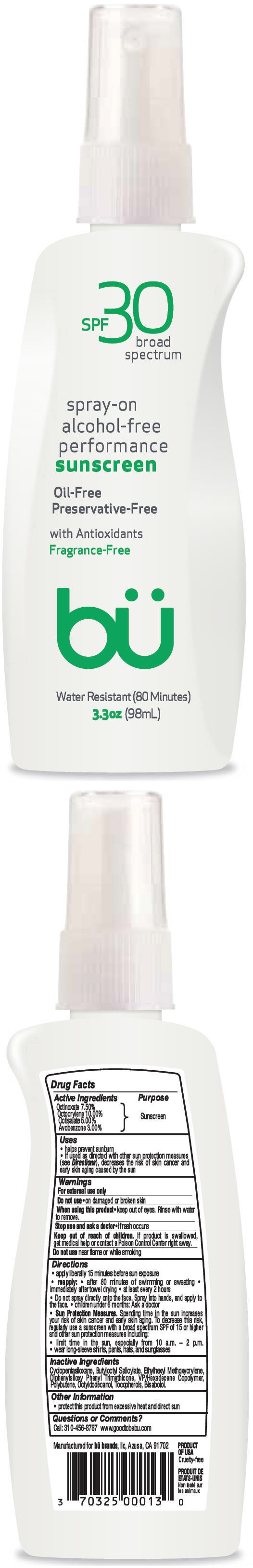 Pill image for Bü Spf 30 Broad Spectrum Spray On Alcohol-free Performance Sunscreen - Fragrance Free