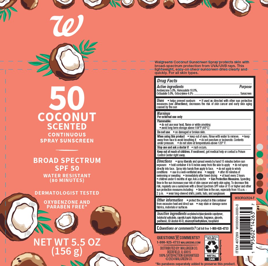 Pill image for walgreens 50 coconut scented continuous sunscreen spray