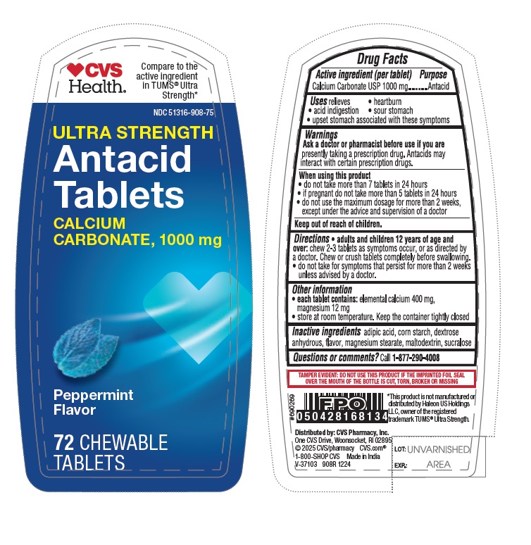 Pill image for 908r_cvs_51316-908_calcium Carbonate 1000 Mg Chewable Tablets - Peppermint