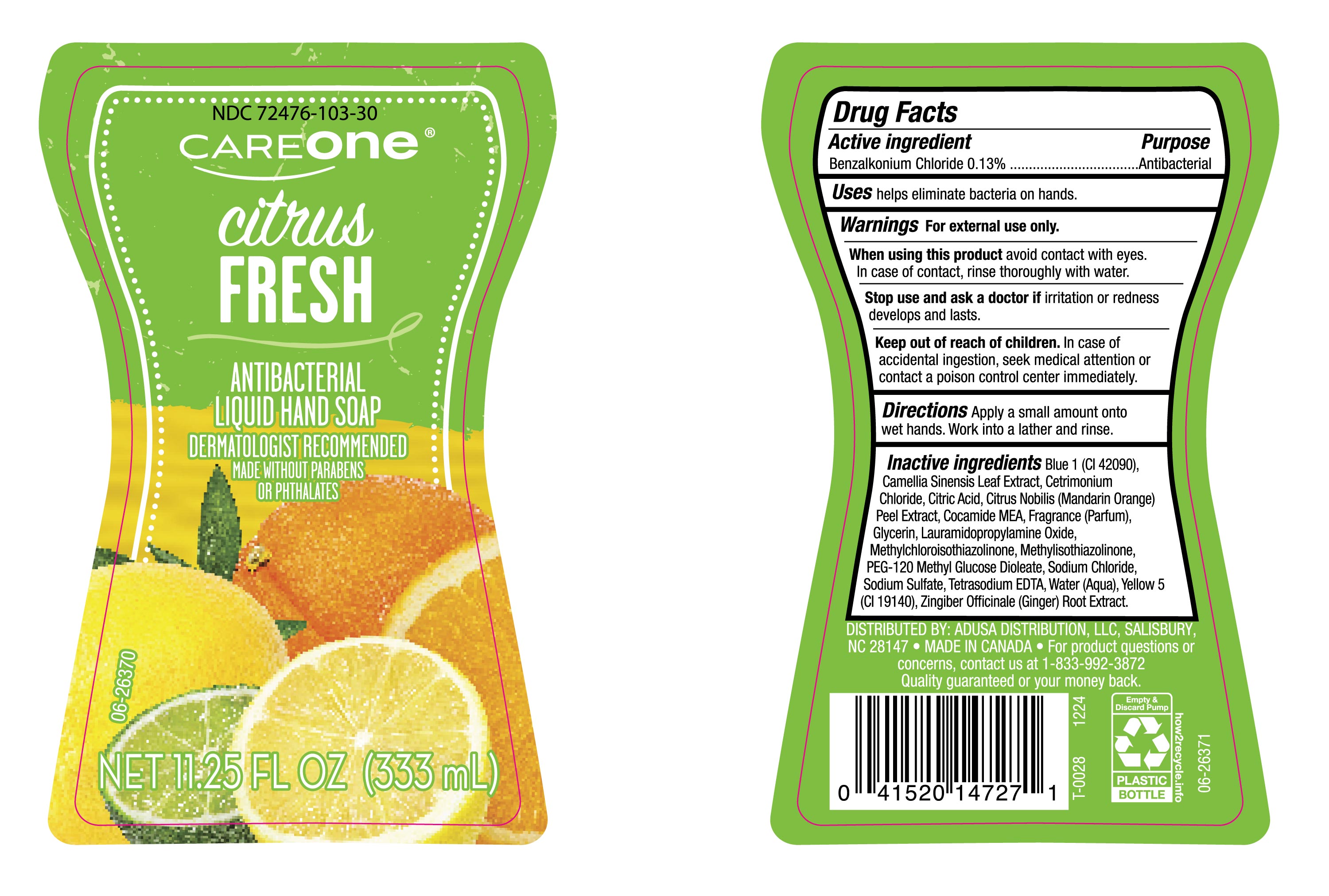 Pill image for Ndc-72476-103, Careone Citrus Fresh Antibacterial Liquid Handsoap.