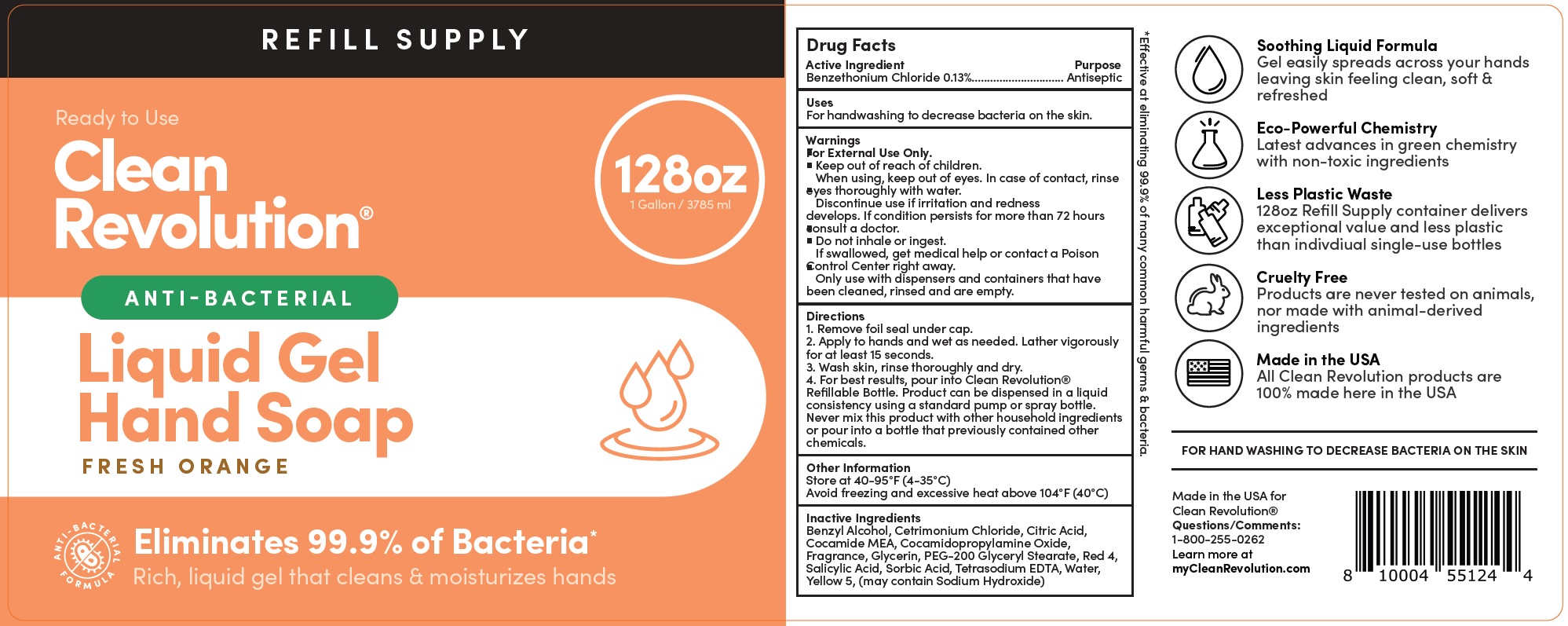 Pill image for Clean Revolution Anti-bacterial Liquid Gel Hand Soap Refill Supply Container | Anti-bacterial | Eliminates 99.9% Germs | Ready To Use | Fresh Orange