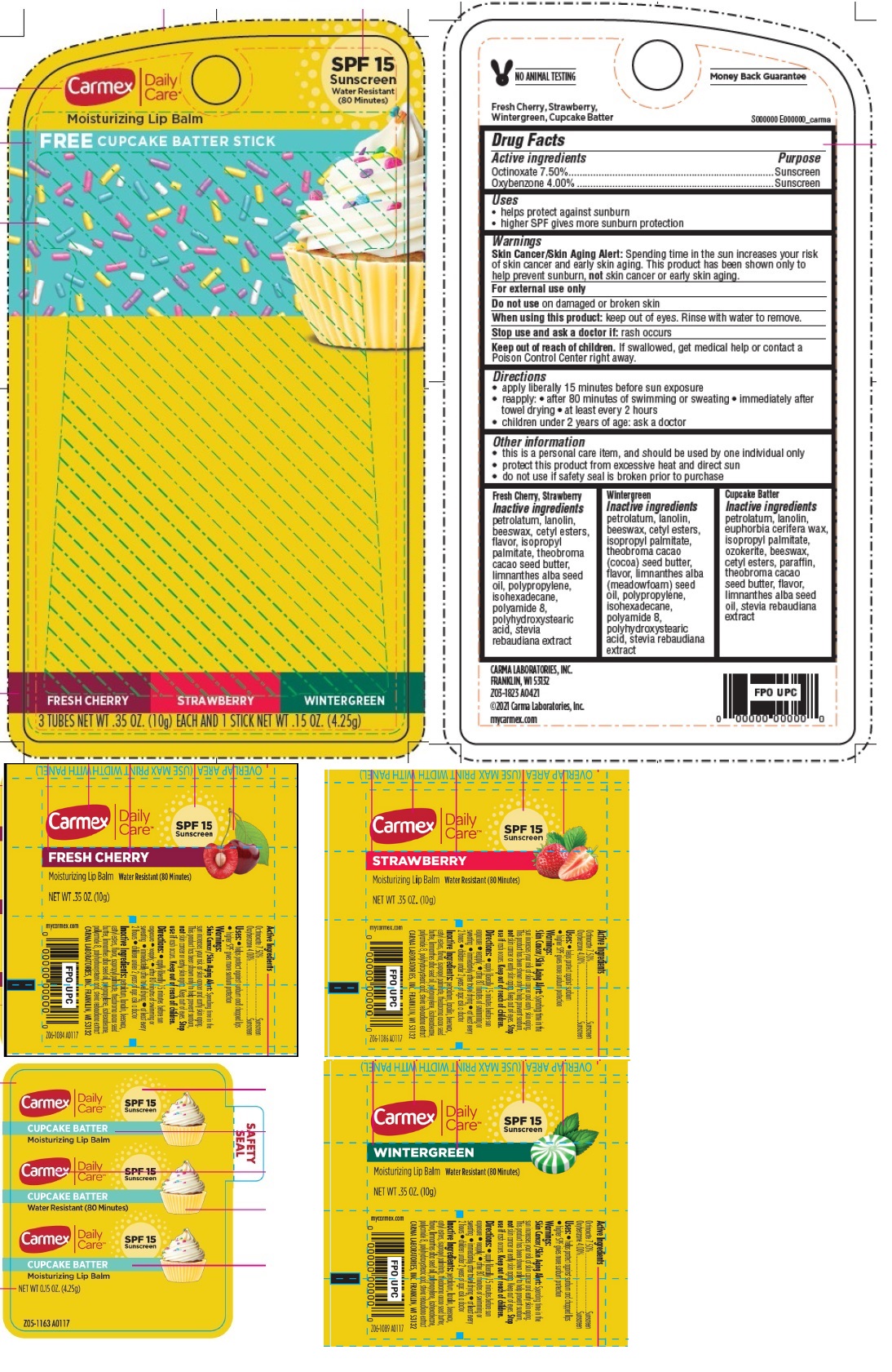 Pill image for Carmex Daily Care Moisturizing Lip Balm Free Cupcake Batter Stick Sunscreen Spf 15, 1 Fresh Cherry(10g)+1 Strawberry(10g)+1 Wintergreen(10g)+1 Cupcake Batter