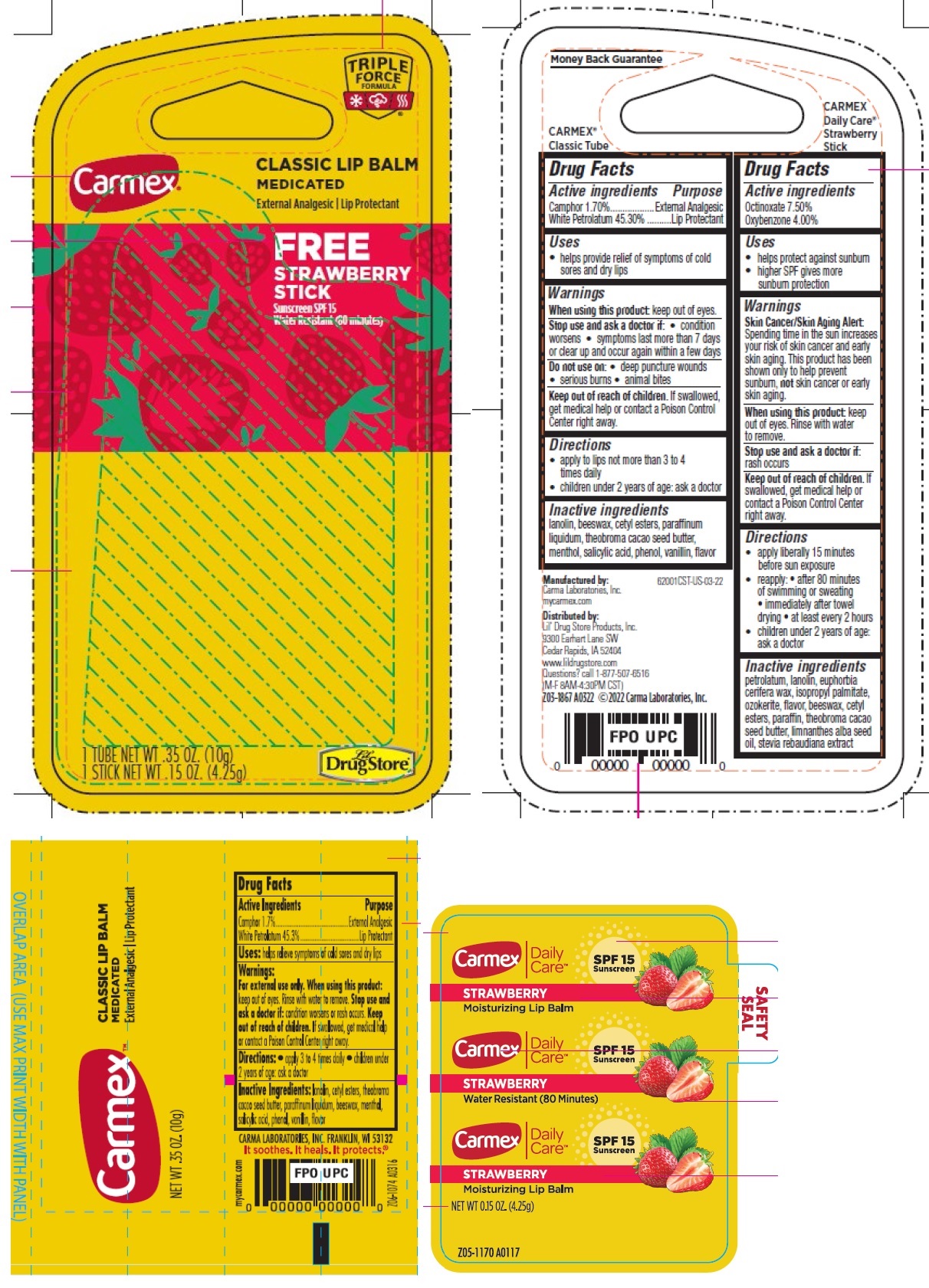 Pill image for Carmex Classic Lip Balm Medicated Free Strawberry Stick Sunscreen Spf 15