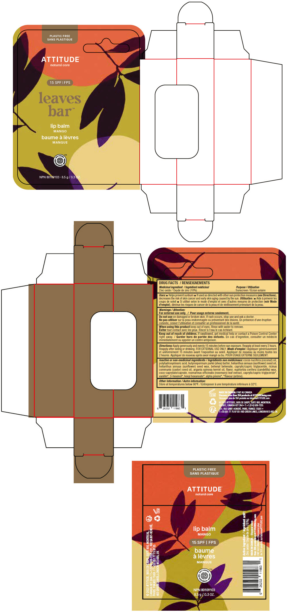 Pill image for Attitude Leaves Bar Lip Balm - Mango - Spf 15