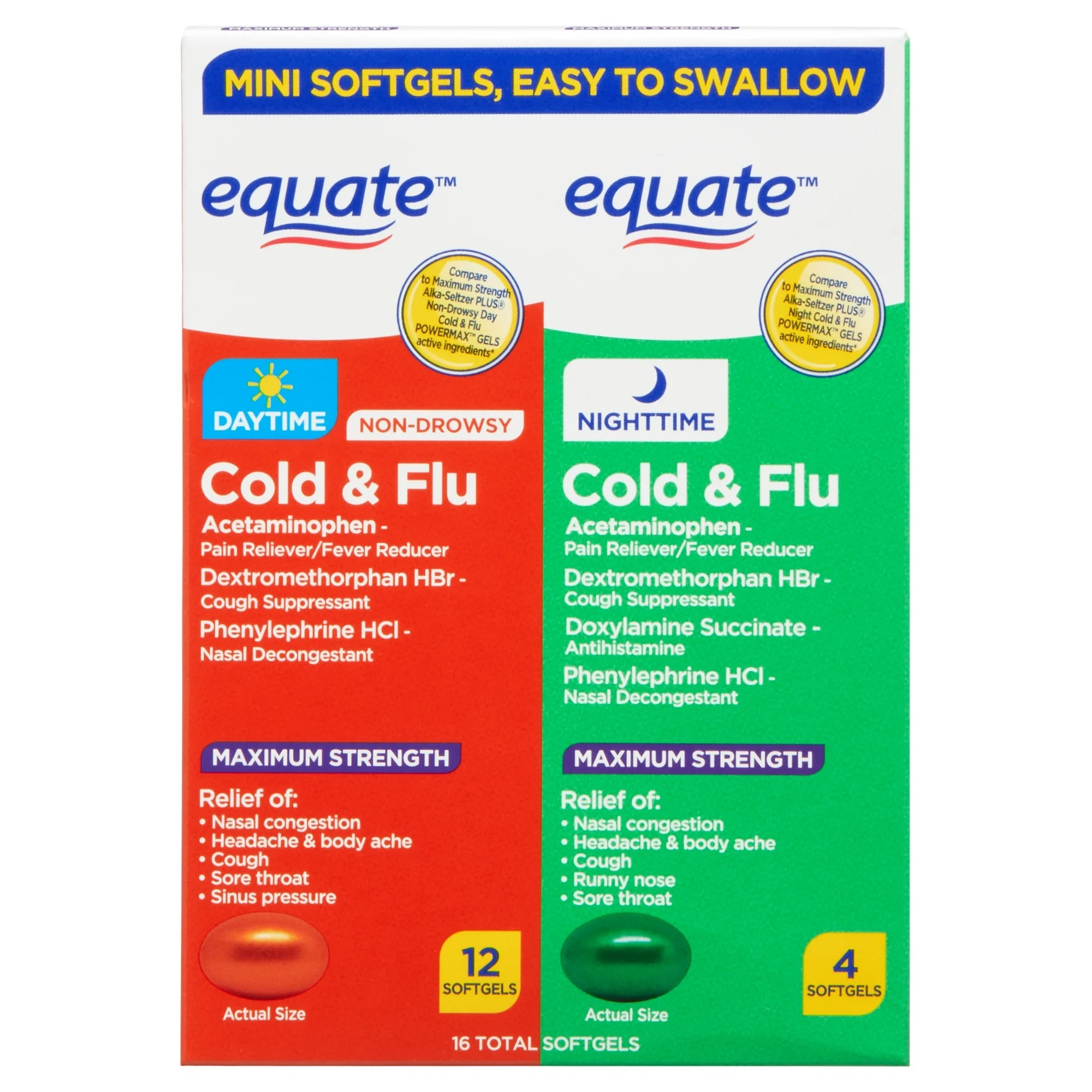 Pill image for Walmart Daytime & Nighttime Cold & Flu Mini Softgels