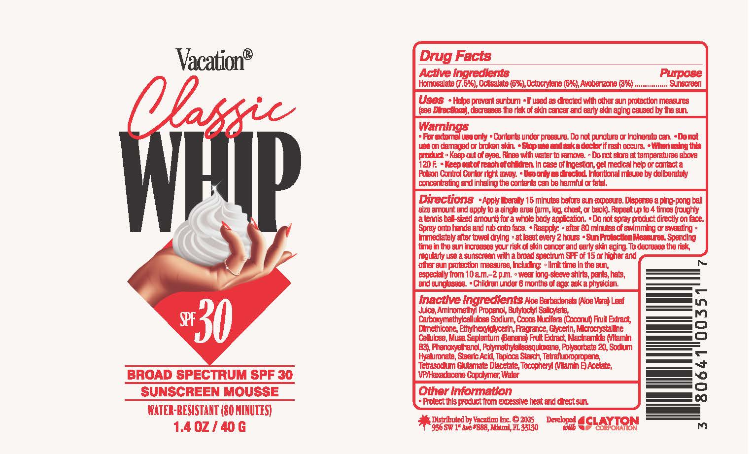 Pill image for Vacation Classic Whip Spf 30 Broad Spectrum Sunscreen Mousse
