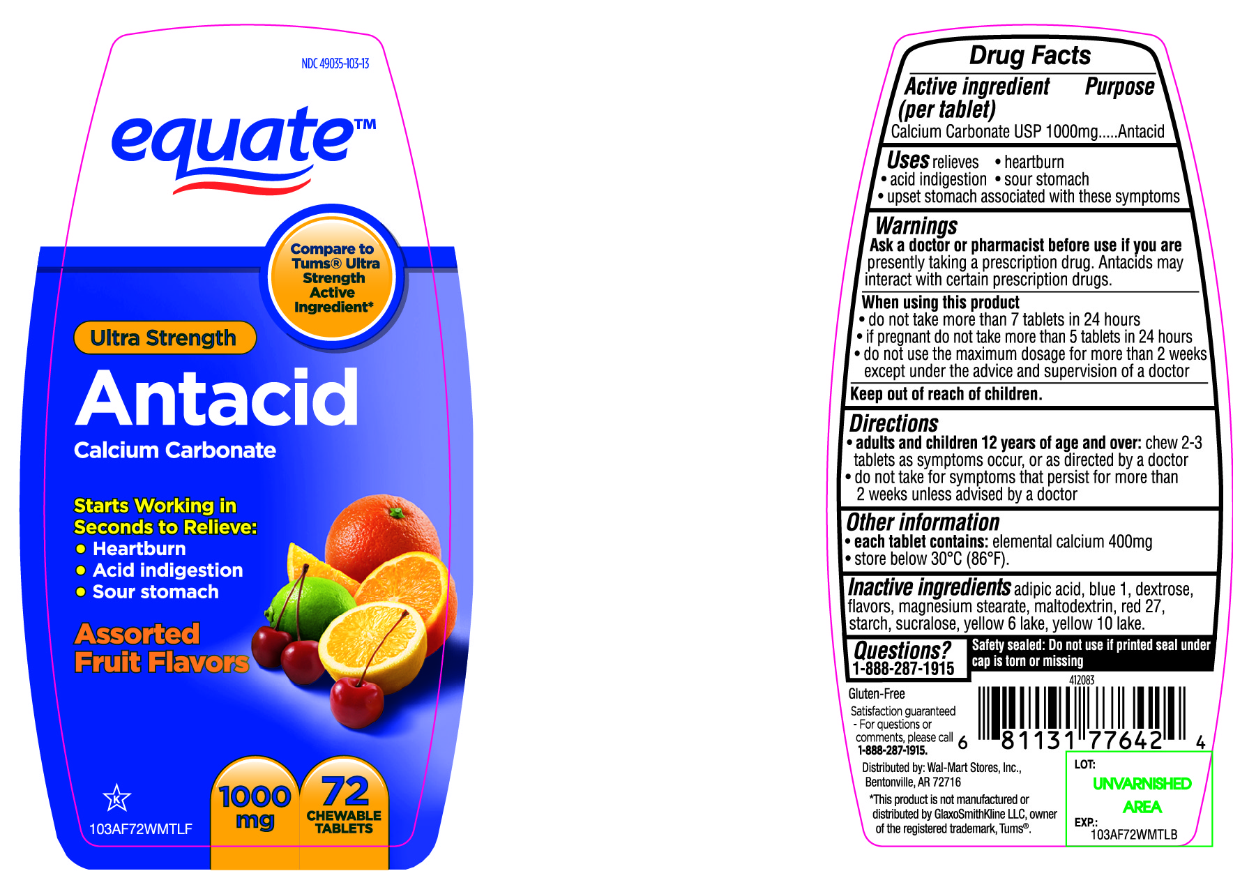 Pill image for Equate Ultra Strength Antacid Calcium Carbonate Chewable Tablets