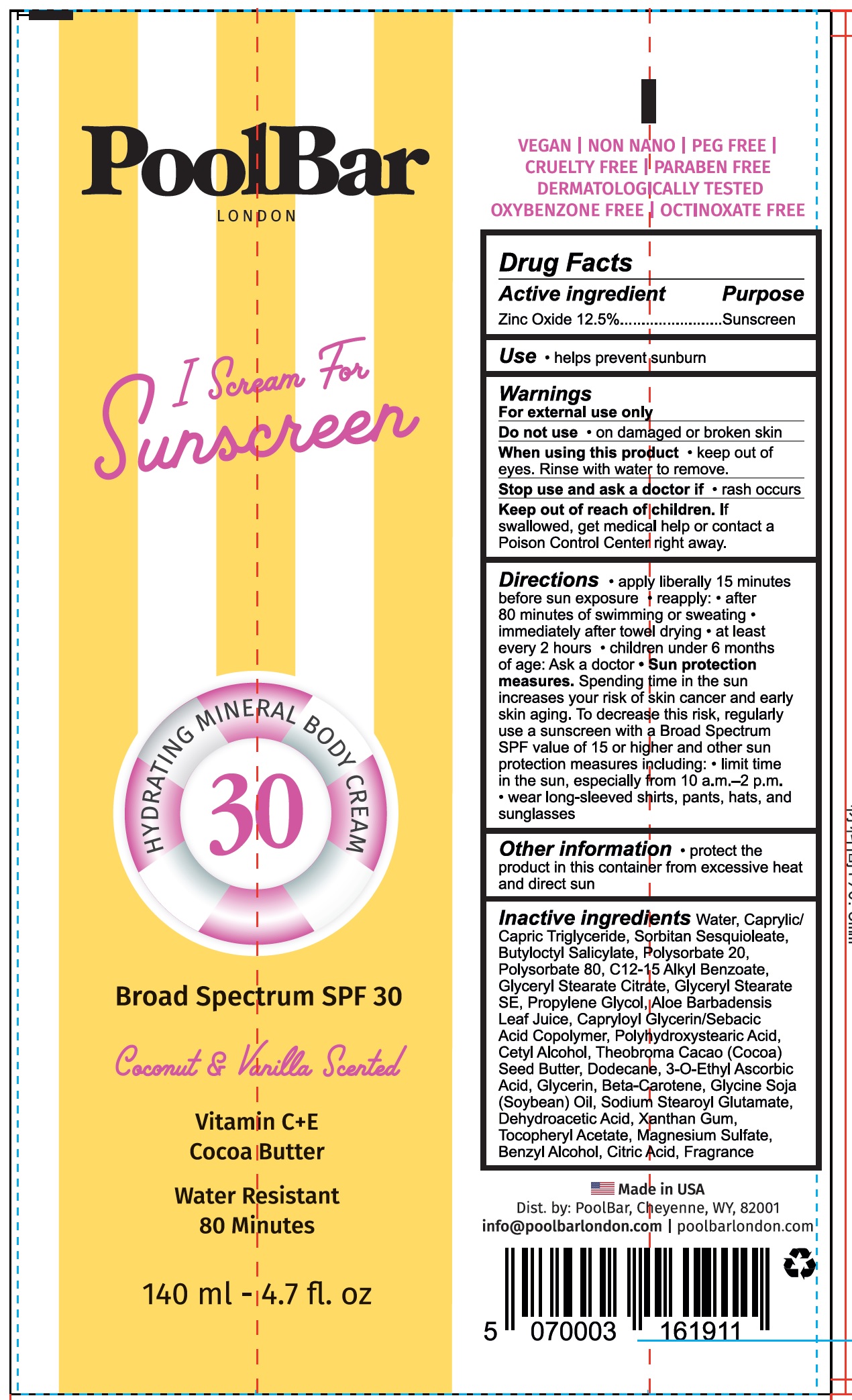 Pill image for Pool Bar London I Scream For Sunscreen Hydrating Mineral Body Cream Spf 30, Coconut & Vanilla Scented