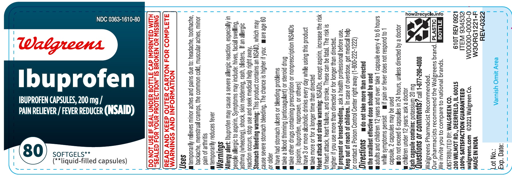 Pill image for 610t Walgreen 0363-1610 Ibuprofen Capsules 200 Mg