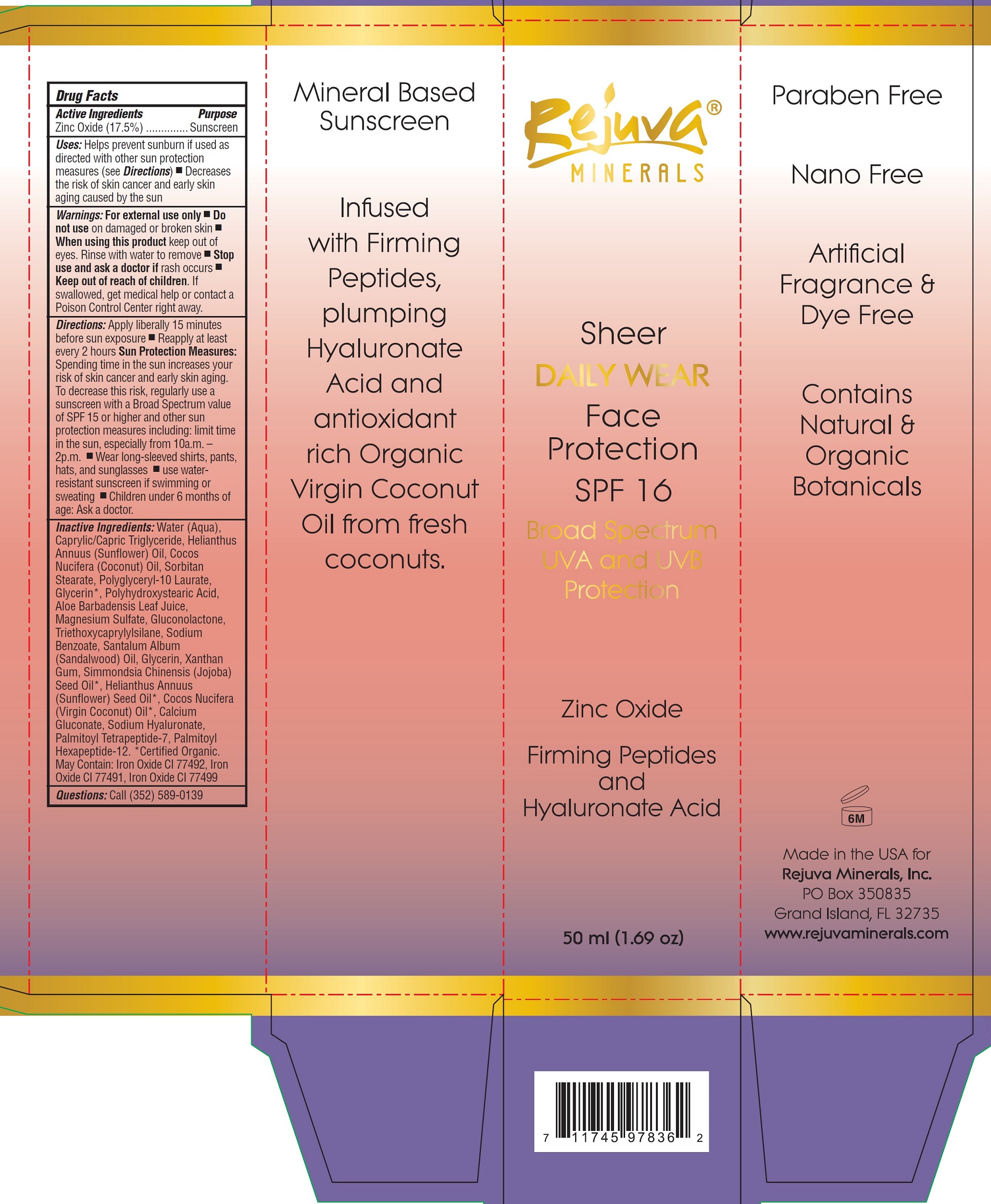 Pill image for rejuva minerals sheer daily wear face protection mineral based sunscreen spf 16 (50 ml / 1.69 oz)