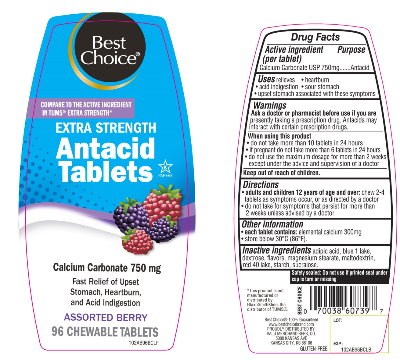 Pill image for Extra Strength Calcium Carbonate Assorted Berries 96 Chewable Tablets