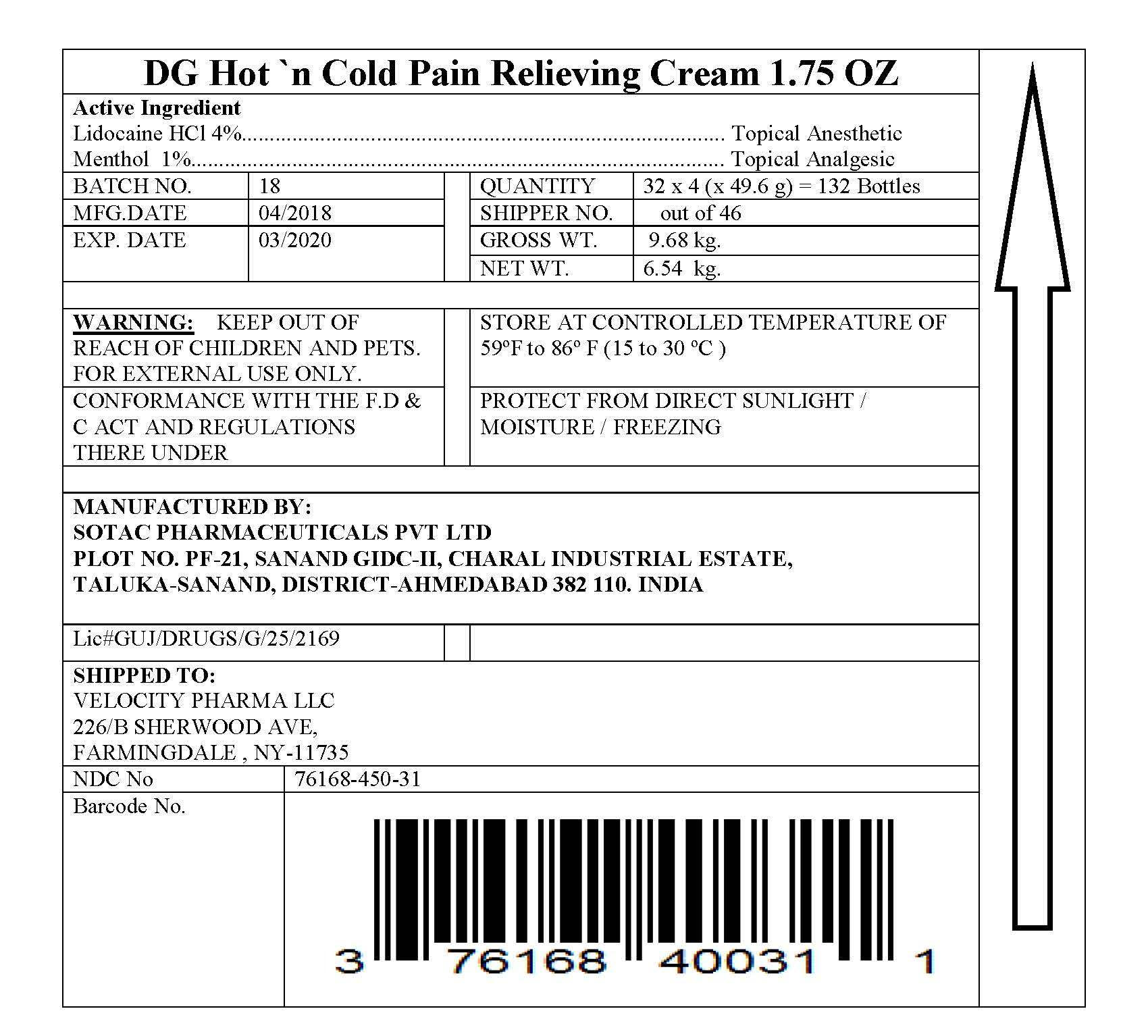 Pill image for Hot And Cold Cream With Lidocaine- Bulk- Dg