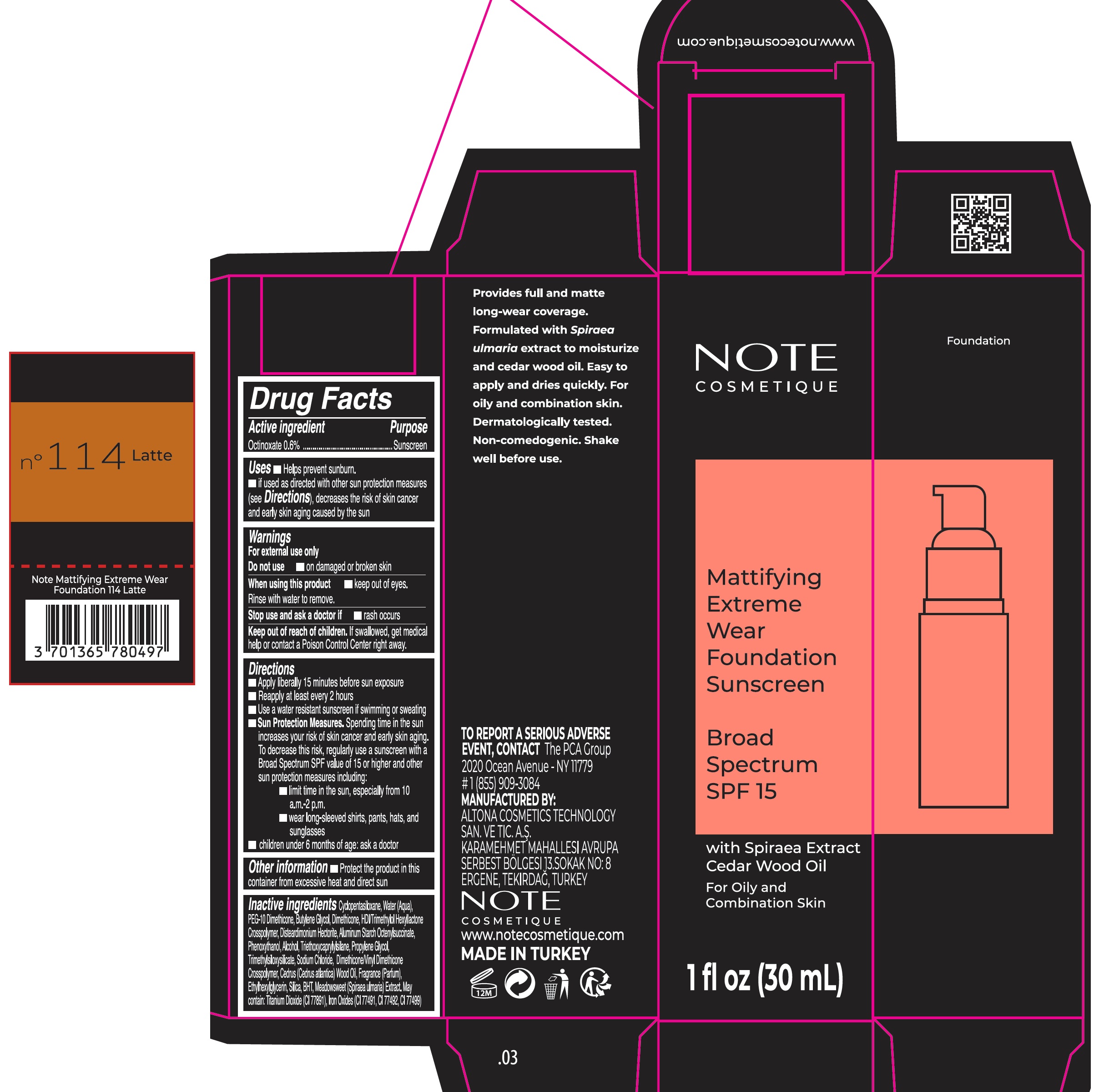 Pill image for Note Mattifying Extreme Wear Foundation Spf 15, 114 Latte