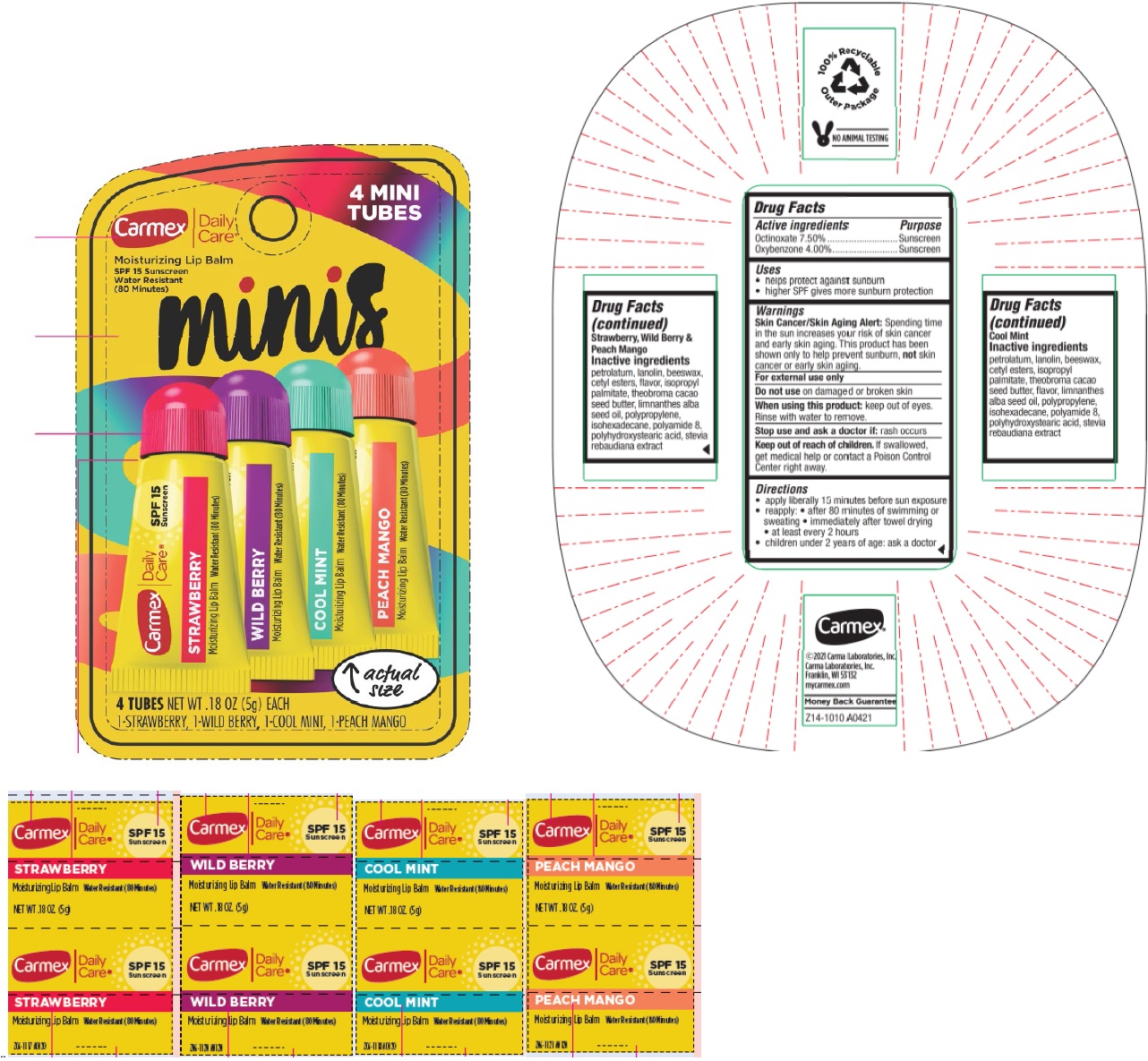 Pill image for Carmex Daily Care Moisturizing Lip Balm Spf 15 Sunscreen Minis, 1 Strawberry+ 1 Wild Berry+ 1 Cool Mint+ 1 Peach Mango
