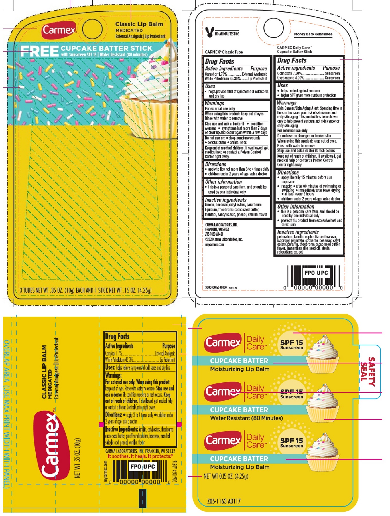 Pill image for Carmex Classic Lip Balm Medicated Free Cupcake Batter Stick Sunscreen Spf 15