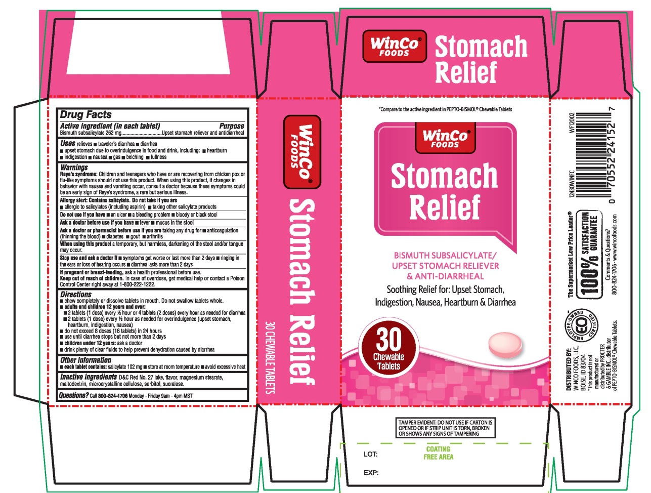 Pill image for Winco Foods Stomach Relief Bismuth Subsalicylate 30 Chewable Tablets