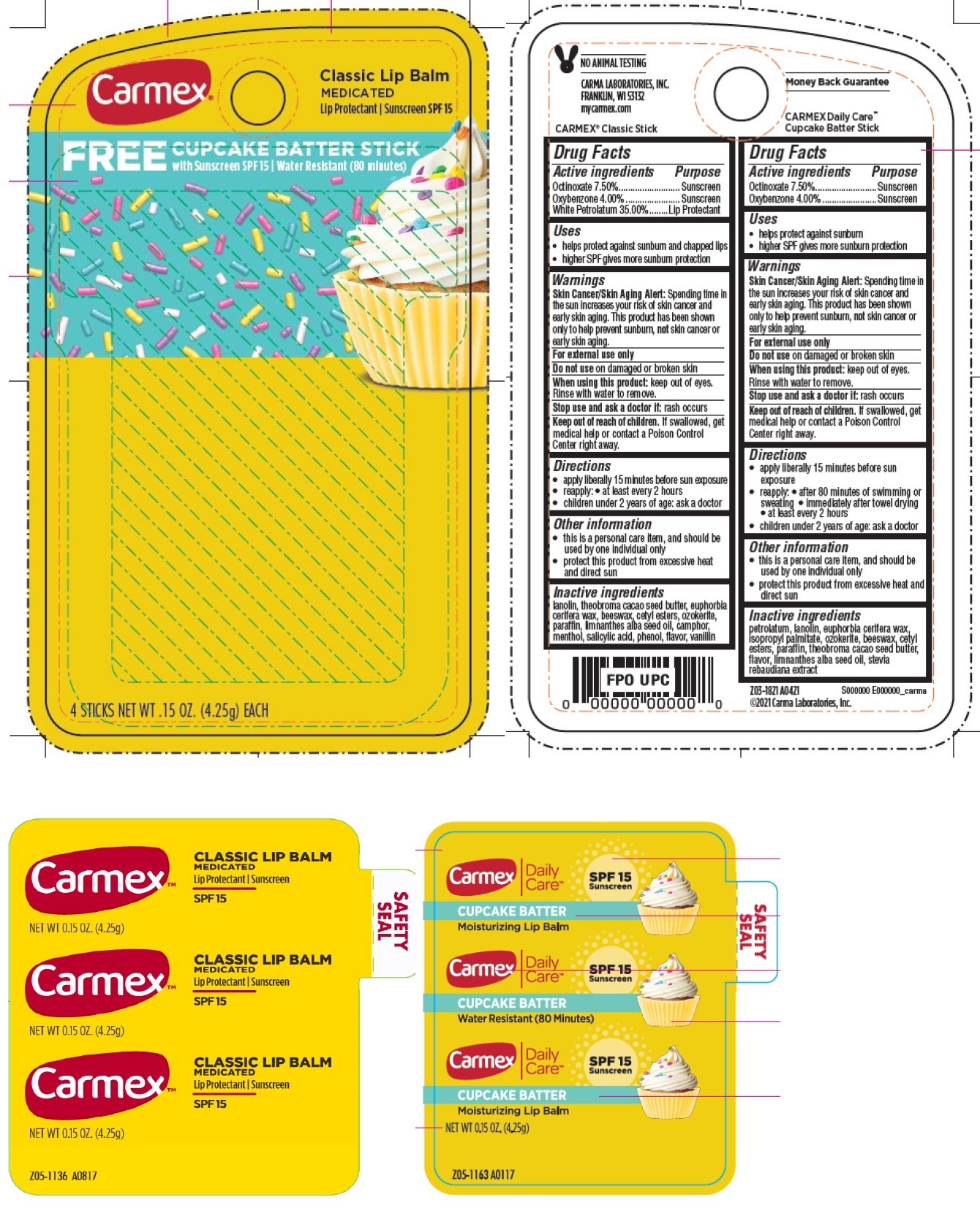 Pill image for Carmex Classic Lip Balm Medicated Free Cupcake Batter Stick Sunscreen Spf 15