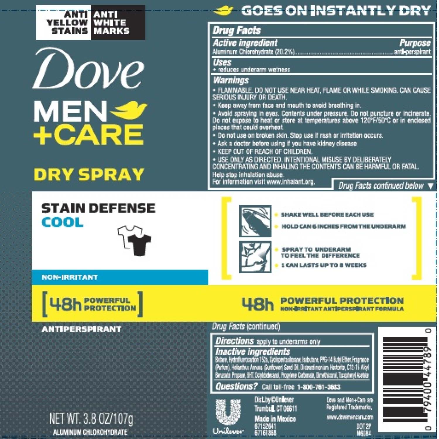 Pill image for Dove Men Plus Care Stain Defense Cool 48h Dry Sray Antiperspirant