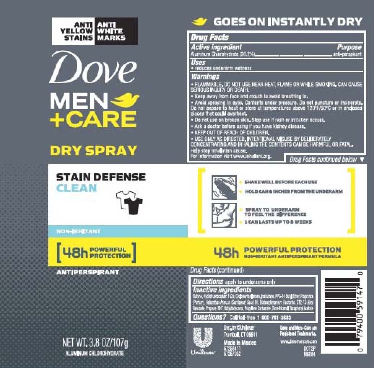 Pill image for Dove Men Plus Care Stain Defense Clean 48h Dry Spray Antiperspirant