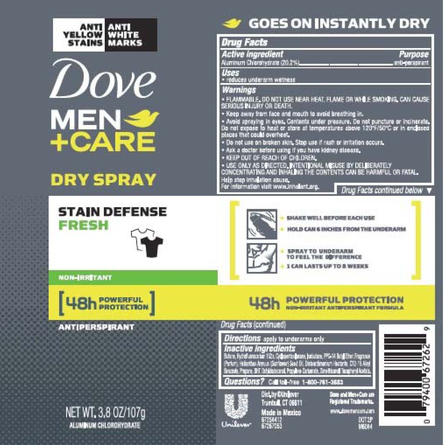 Pill image for Dove Men Plus Care Stain Defense Fresh 48h Dry Spray Antiperspirant