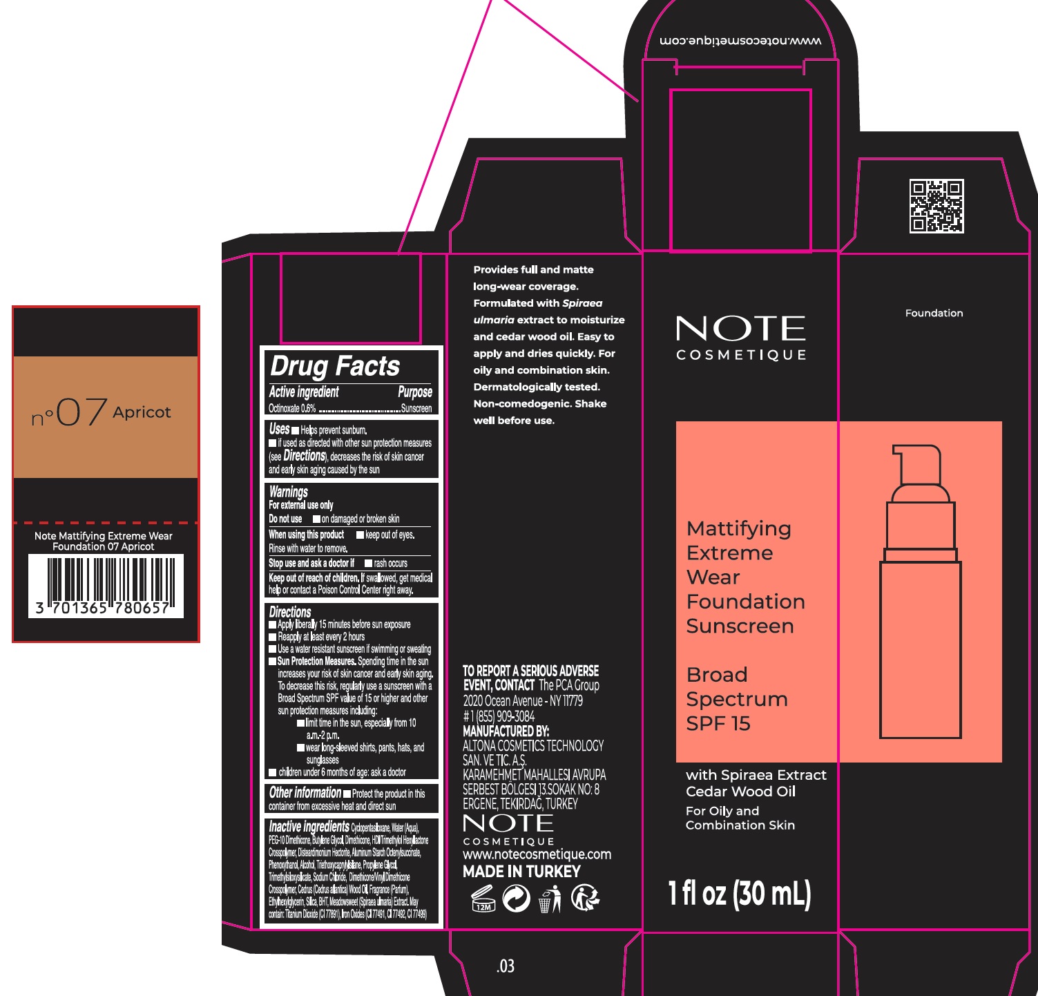 Pill image for note mattifying extreme wear foundation spf 15, 07 apricot