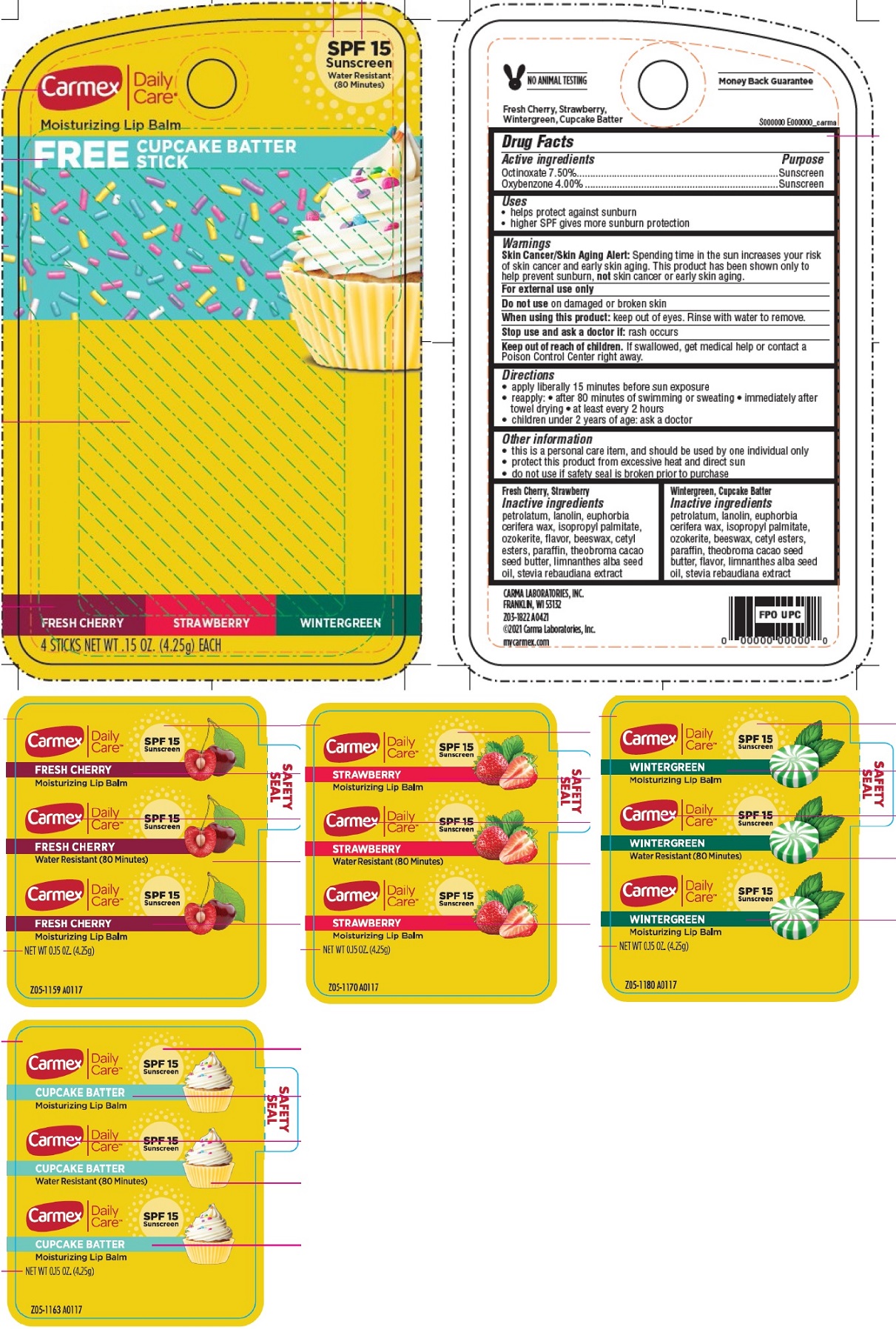 Pill image for Carmex Daily Care Moisturizing Lip Balm Free Cupcake Batter Stick Sunscreen Spf 15, 1 Fresh Cherry+ 1 Strawberry+ 1 Wintergreen+ 1 Cupcake Batter