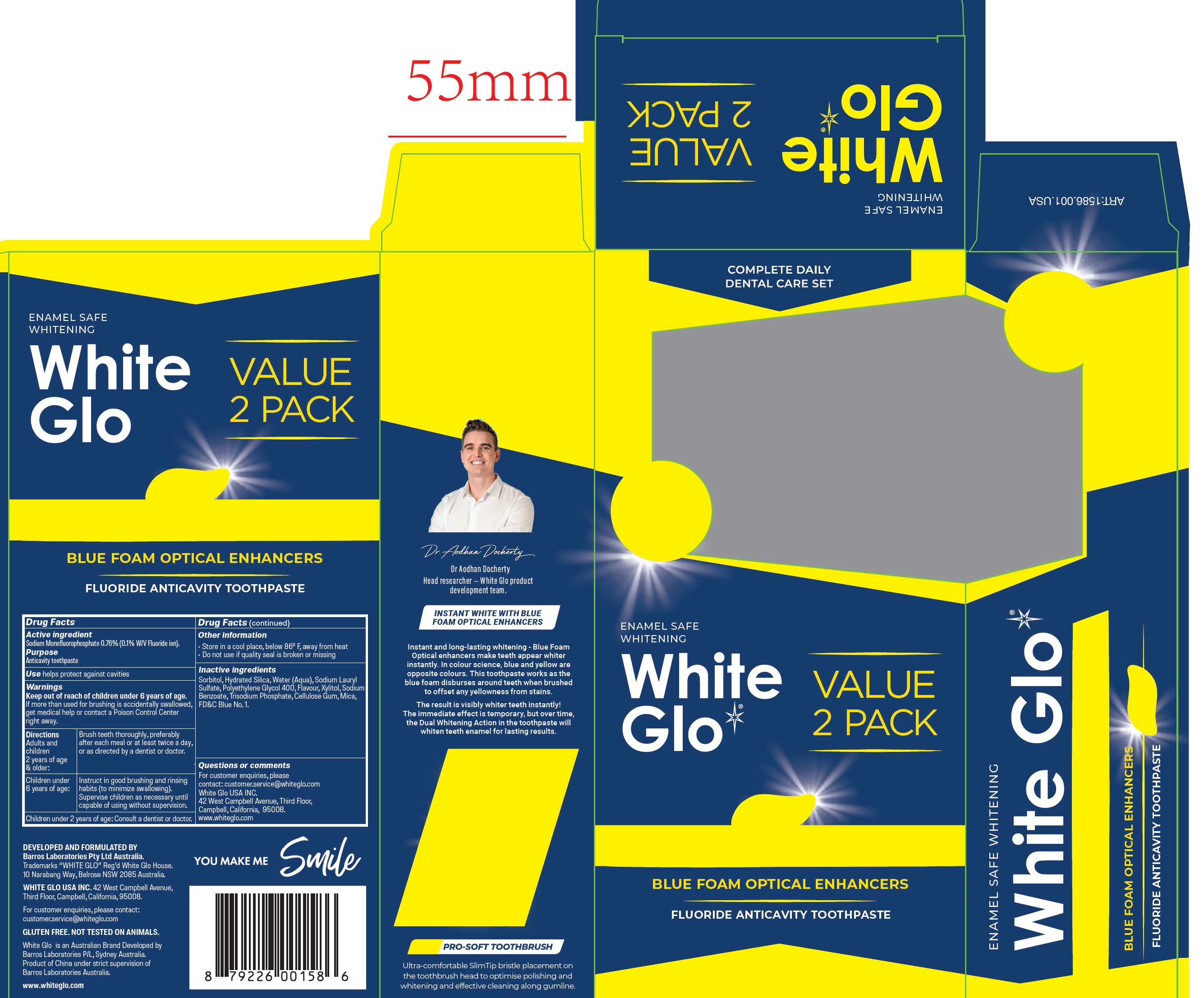 Pill image for White Glo Instant White Blue Foam Optical Enhancers Fluoride Anticavity Toothpaste Value 2 Pack And Toothbrush