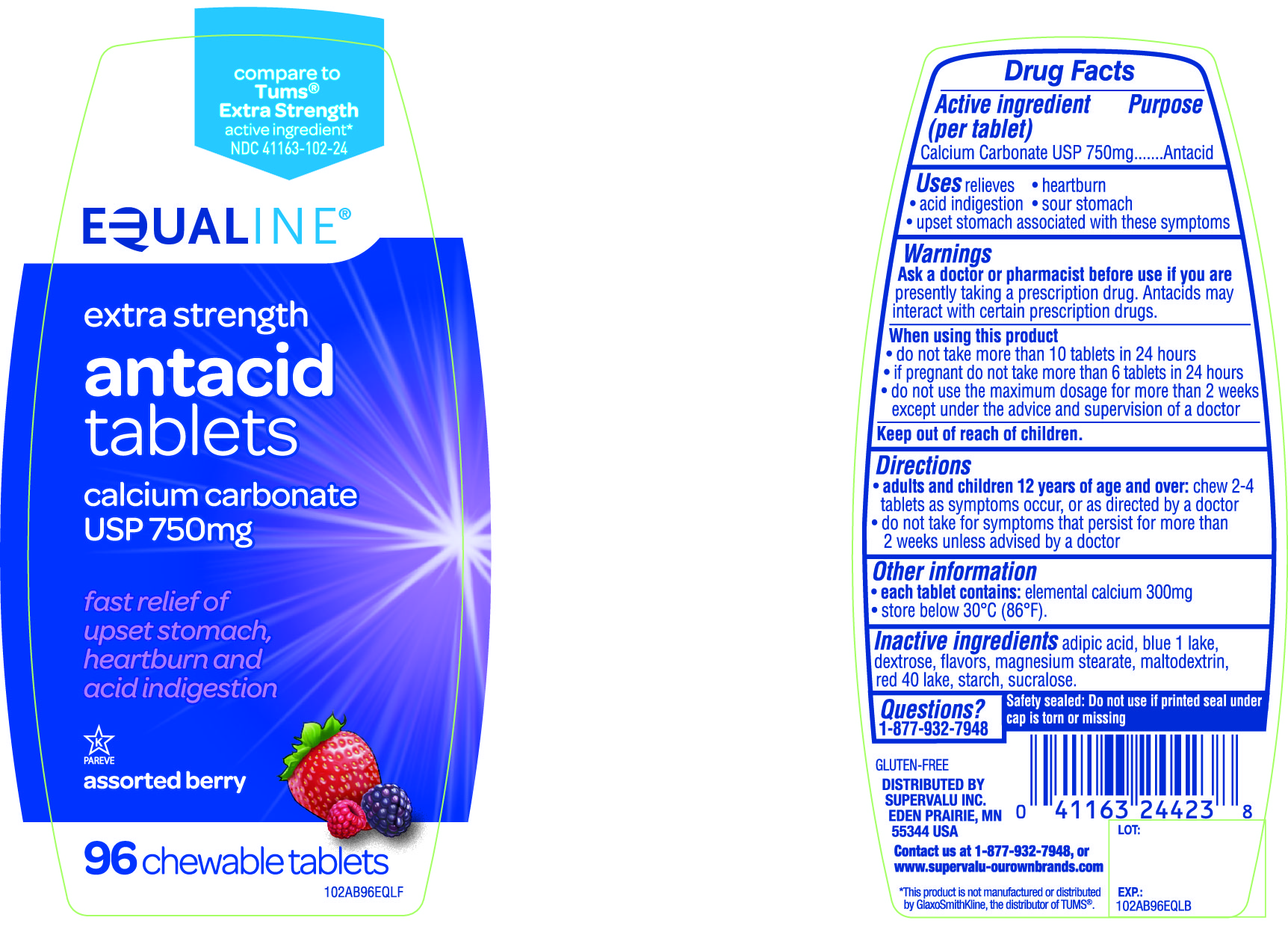 Pill image for Equaline Extra Strength Antacid Tablets Calcium Carbonate 750mg Assorted Berry 96 Chewable Tablets