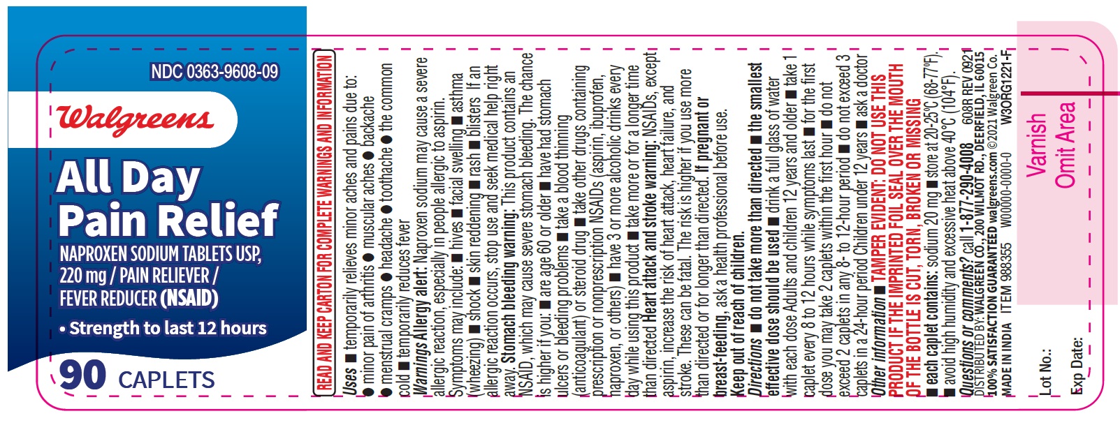 Pill image for 608r Walgreen 0363-9608 Naproxen Sodium Caplets All Day Pain Relief