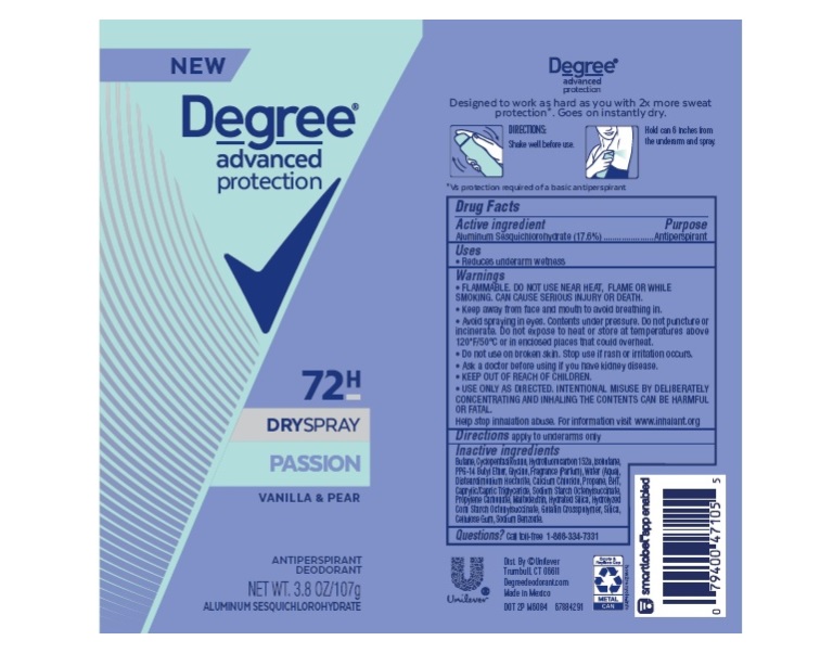 Pill image for Degree Advanced Protection Passion 72h Dry Spray Vanilla & Pear Antiperspirant Deodorant