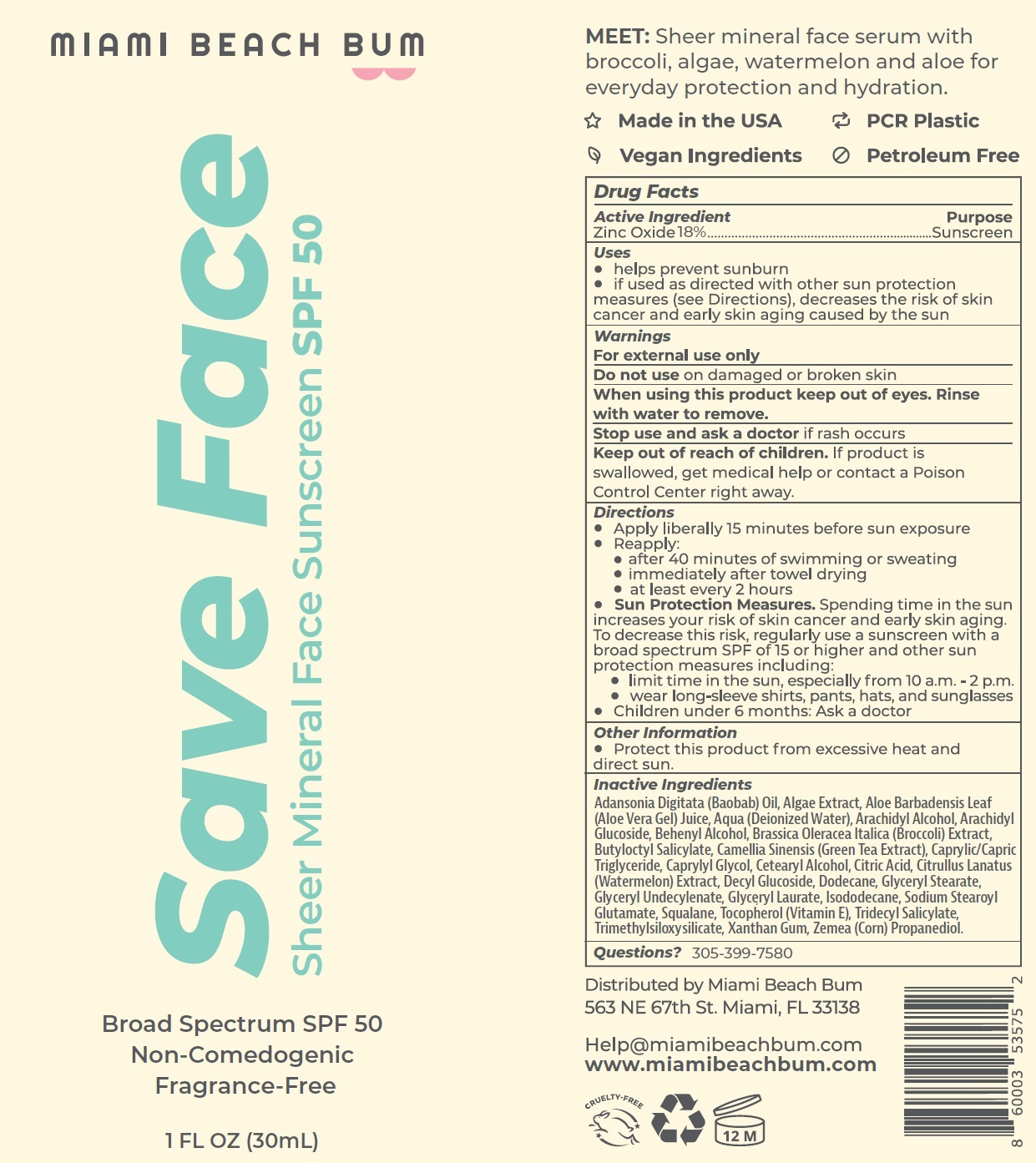 Pill image for Miami Beach Bum Save Face Sheer Mineral Sunscreen Spf-50