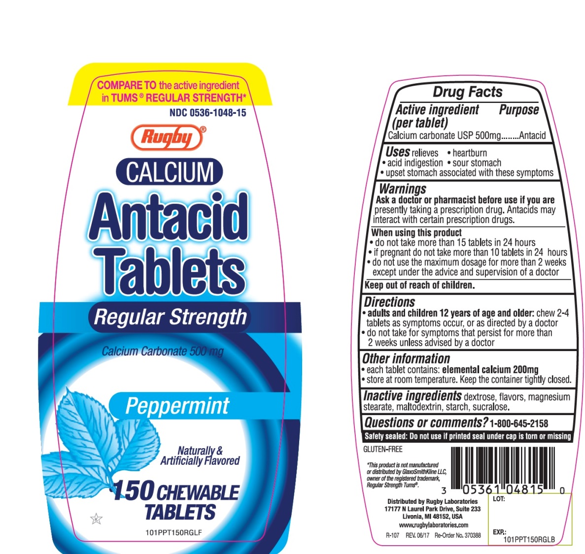 Pill image for Rugby Antacid Regular Strength 150 Chewable Tablets