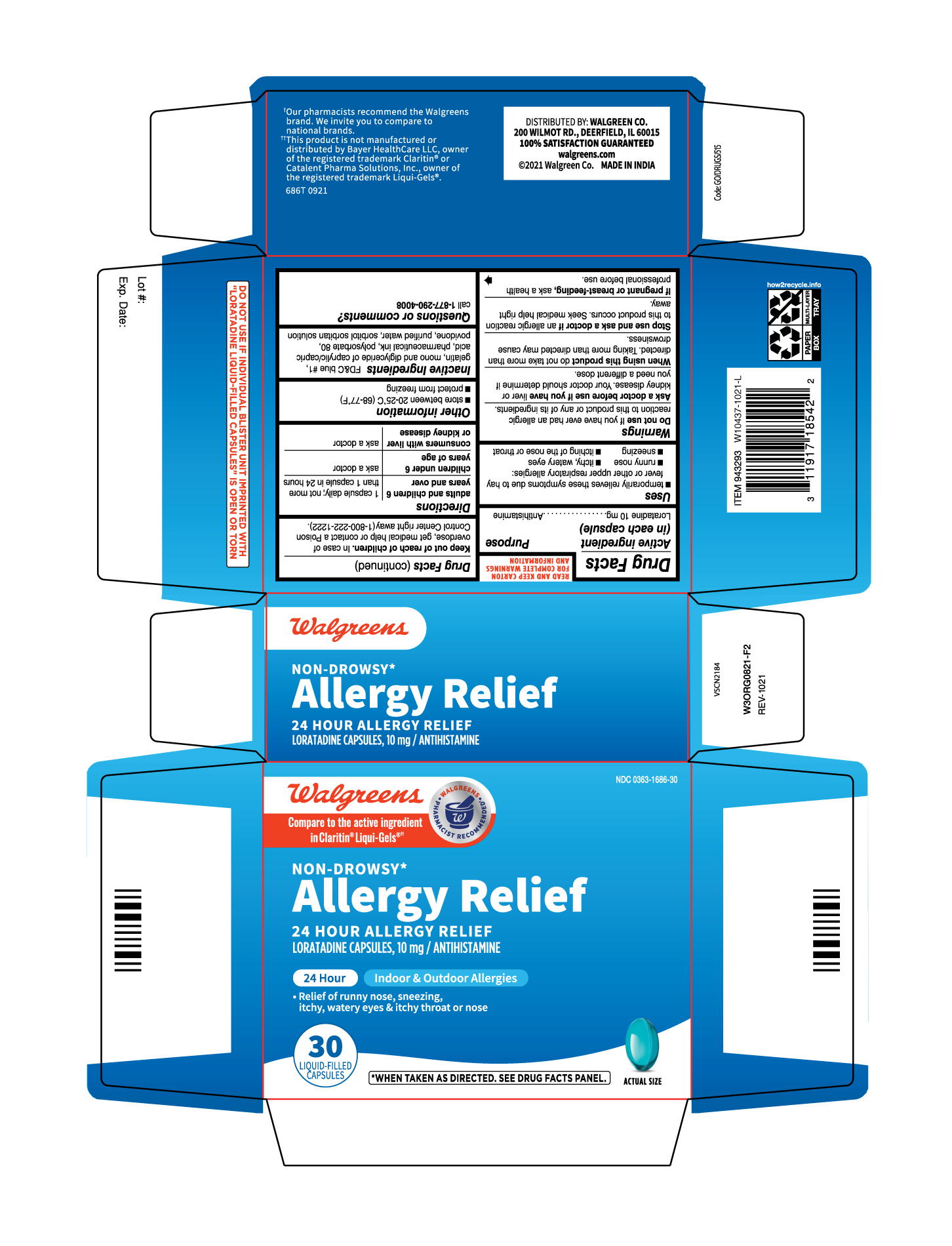 Pill image for 686t Walgreens 0363 1686 Loratadine Capsules 10 Mg