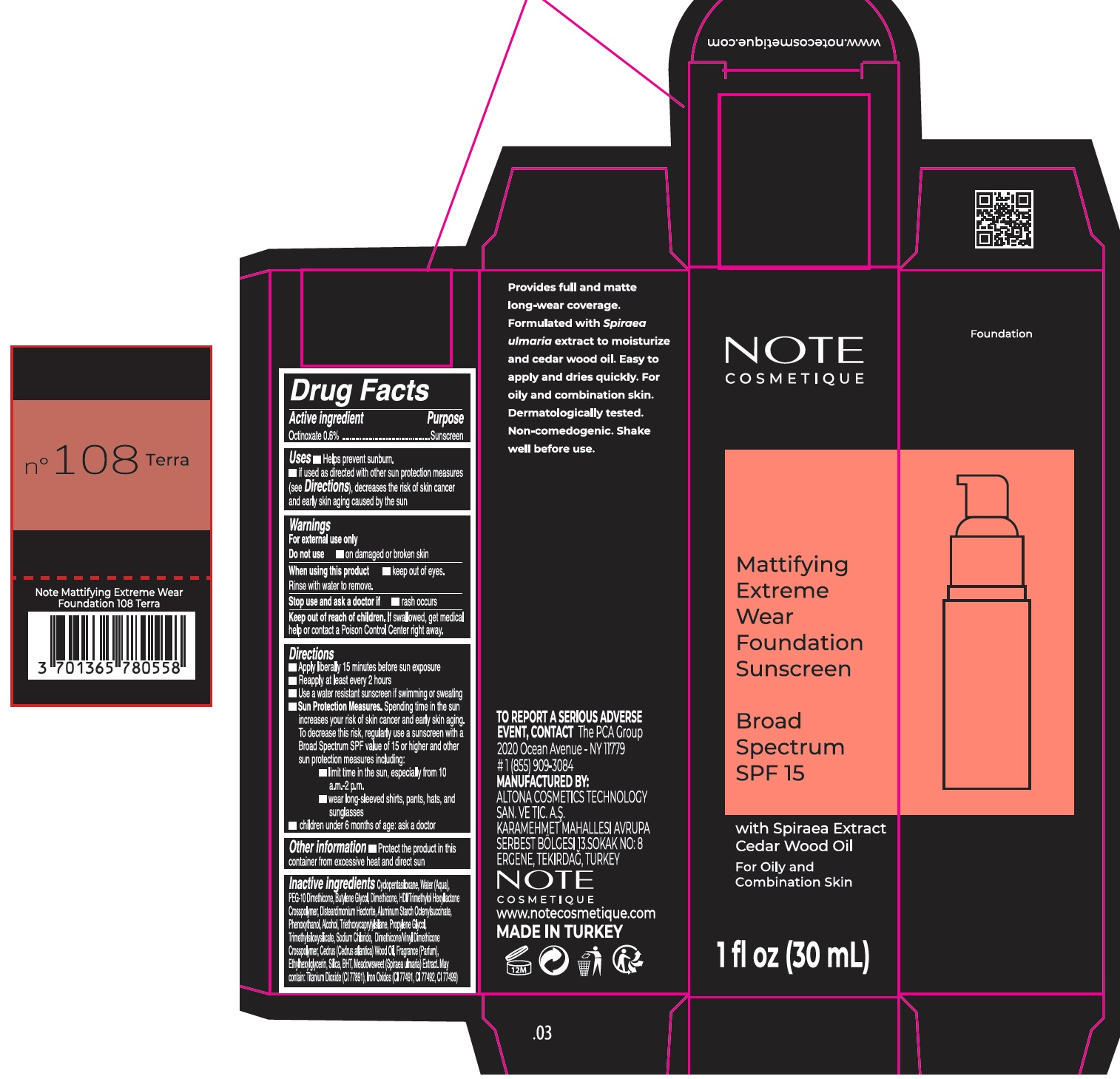 Pill image for Note Mattifying Extreme Wear Foundation Spf 15, 108 Terra