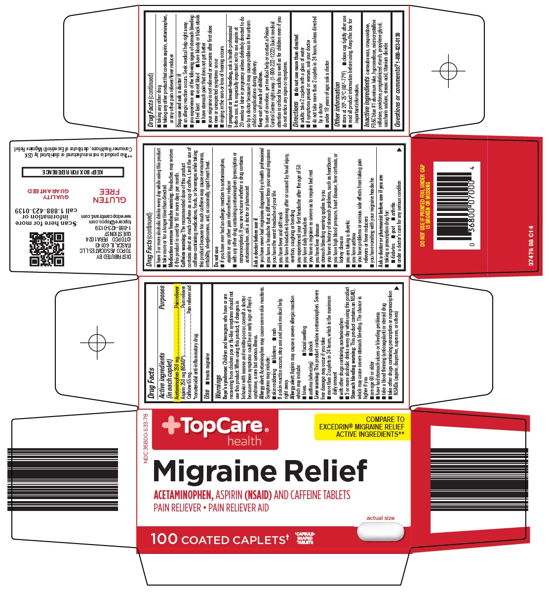 Pill image for Topco Associates Llc. Migraine Relief Drug Facts