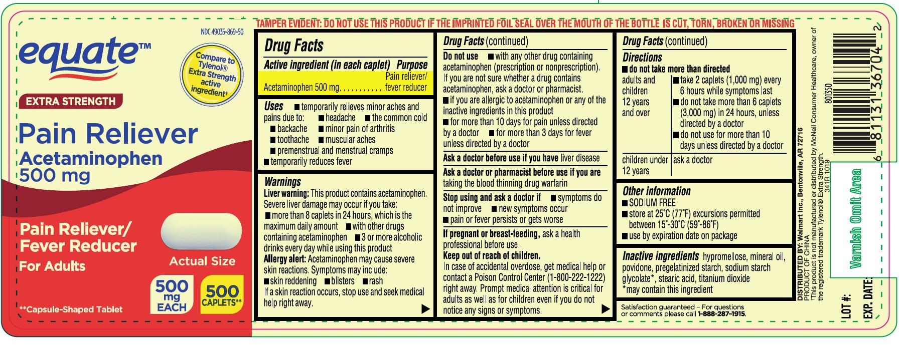 Pill image for 341r Walmart Acetaminophen 500 Mg Tablets (49035-869)