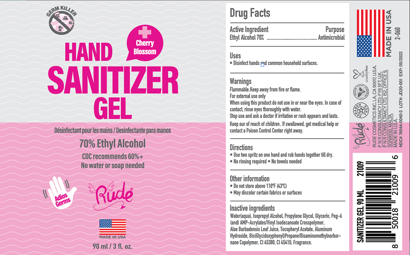 Pill image for Rude Cosmetics Gel Hand Sanitizer Cherry Blossom 90ml