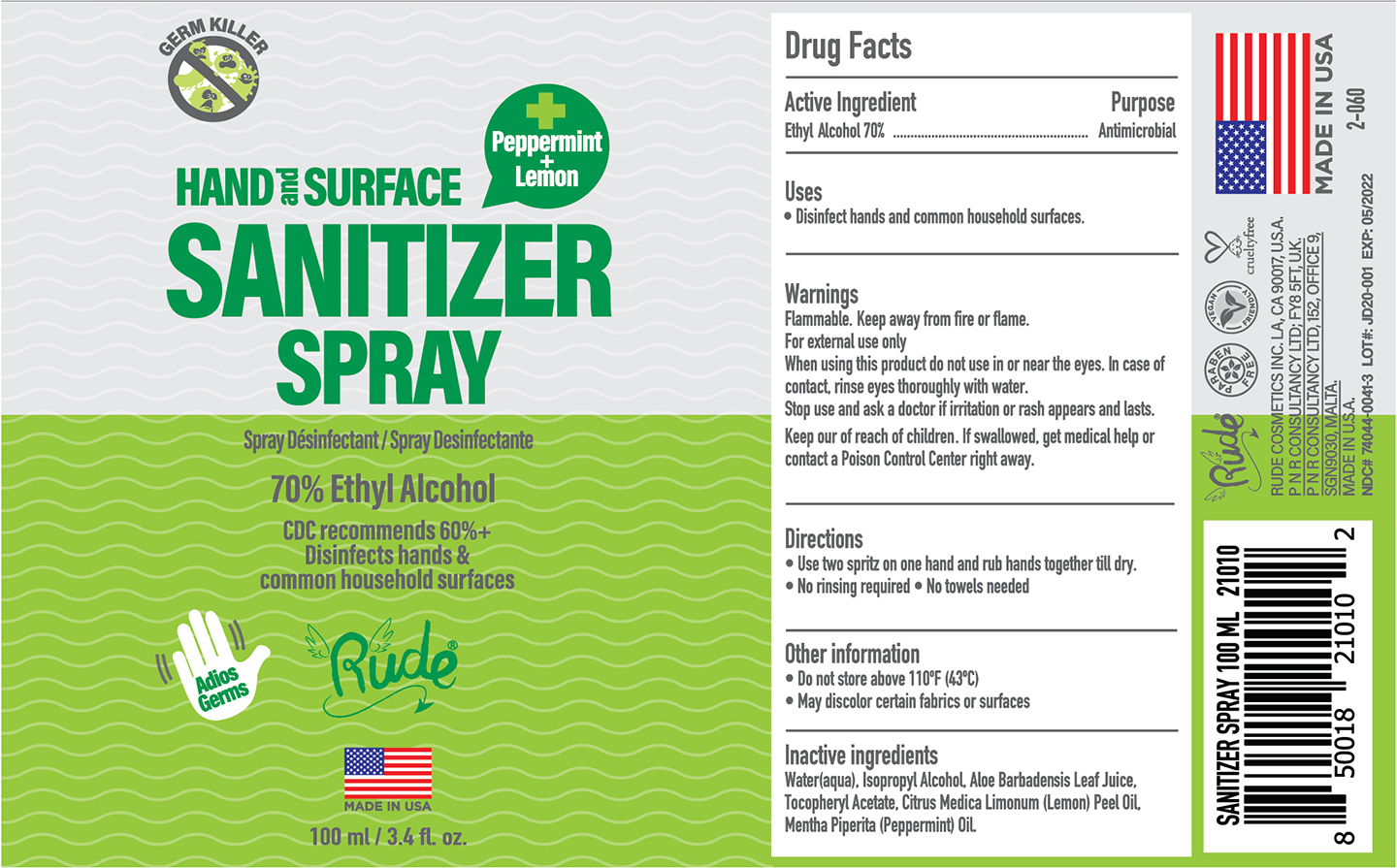 Pill image for Rude Cosmetics Spray Hand Sanitizer 100ml Peppermint/lemon