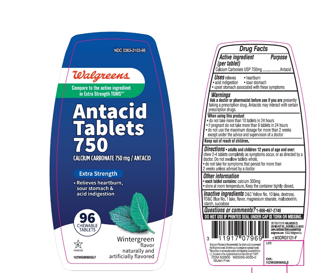 Pill image for Walgreens Antacid Calcium Carbonate 750mg Extra Strength Wintergreen 96 Chewable Tablets