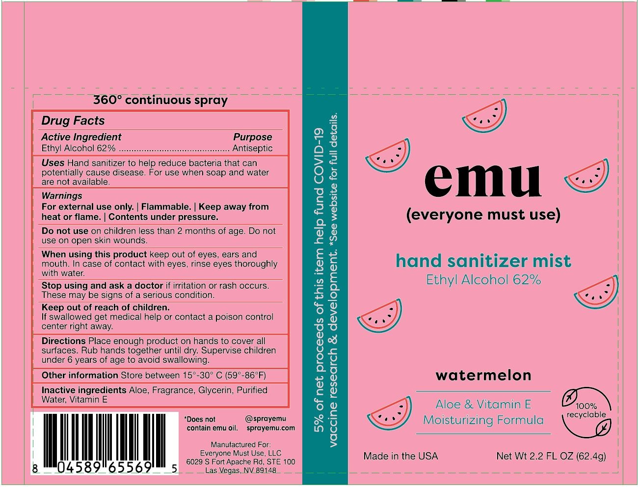 Pill image for Emu Everyone Must Use (hand Sanitizer Ethyl Alcohol 62%) Watermelon